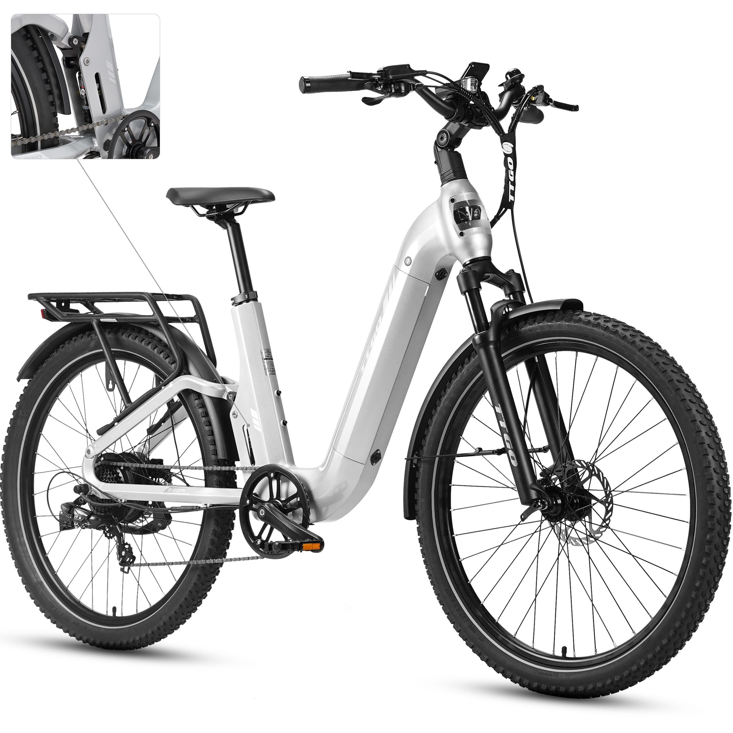 TTGO E-Bike Cityrad 28 Zoll, Fully, Vollfederung, 120km, Drehmomentsensor, mit Bremslicht, 7 Gang Shimano, Kettenschaltung, Heckmotor, 720 Wh, (5 Stufen, Farb-LCD-Display, Hydraulische Scheibenbremsen), Lockout-Federgabel, 70Nm, Pedelec, Elektrofahrrad für Damen und Herren