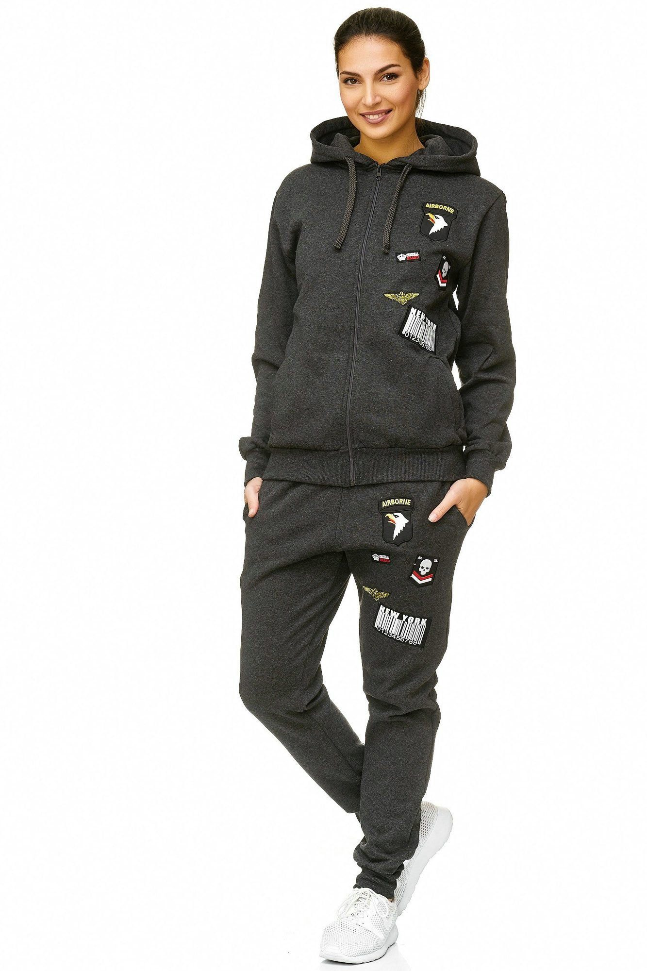L.gonline Freizeitanzug Damen Jogginganzug, Freizeitanzug, USA Militär Optik, 685 (Kapuzenjacke mit Reißverschluss, Hose, 2-tlg), Fitness Freizeit Casual
