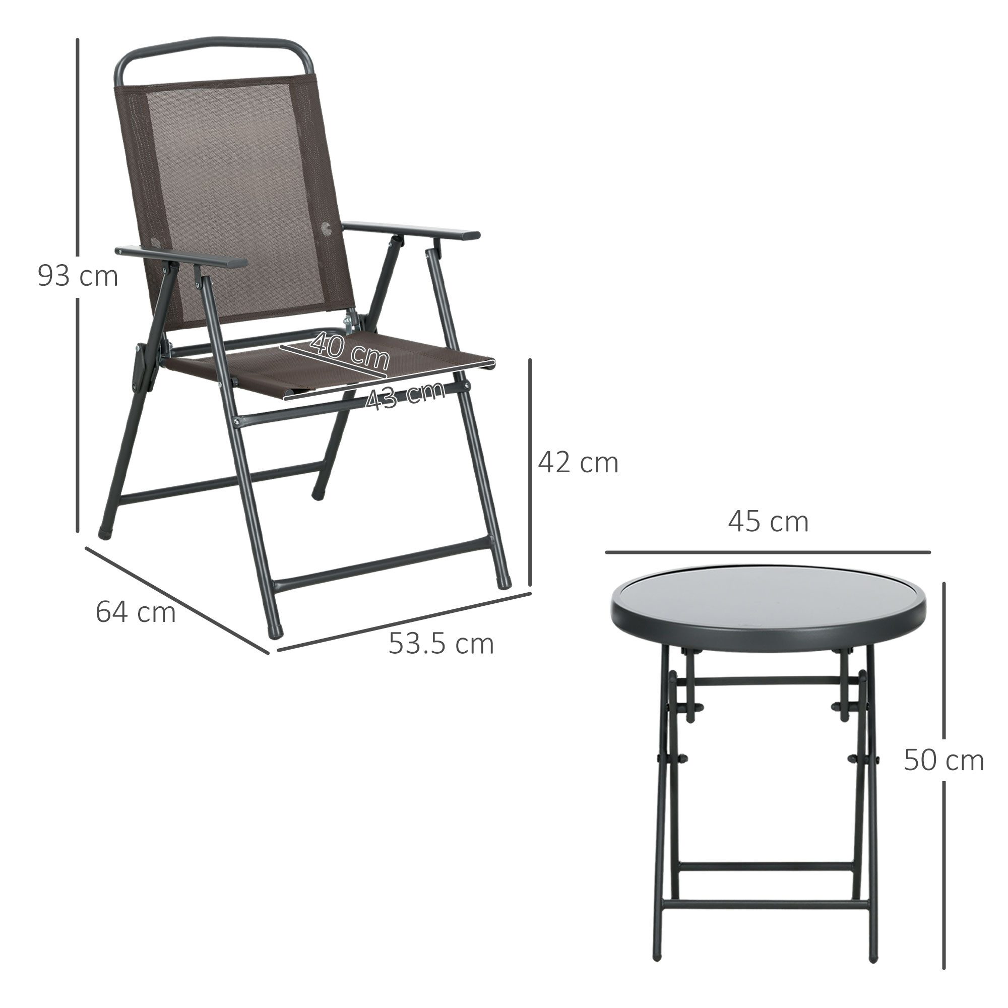 Outsunny Balkonset 3-teilig, aus Metall, mit klappbar Glastisch, Gartenstühlen, (Bistro-Set, 3-tlg., Wetterfest Gartenmöbel Set), Gartengarnitur, Braun