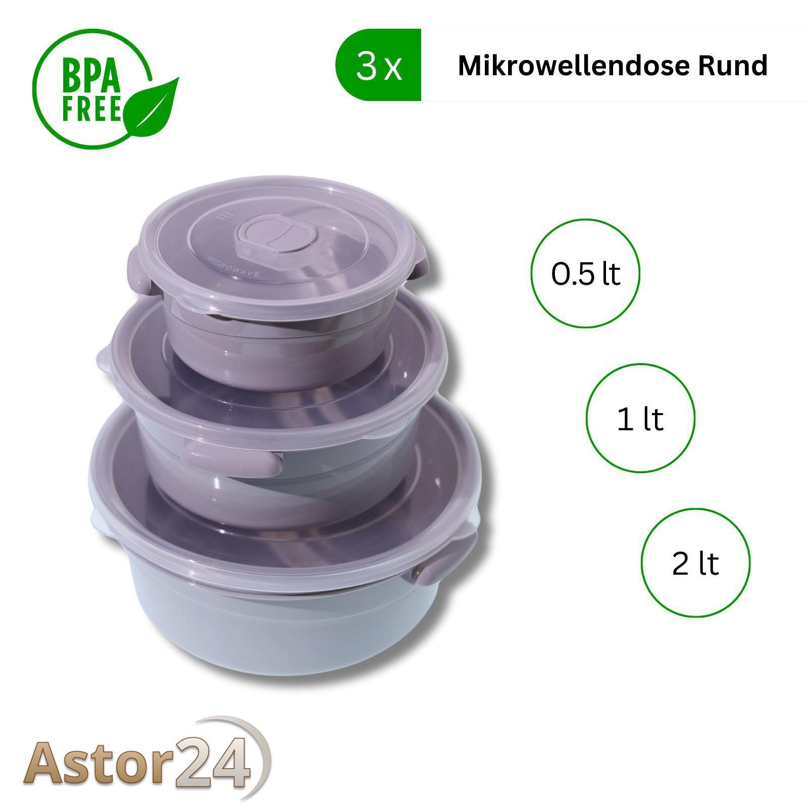 astor24 Mikrowellenteller Mikrowellenteller mit Deckel Mikrowellen Topf Geschirr Suppentopf, (3 St), 3er Set Mikrowellentöpfe mit Deckel