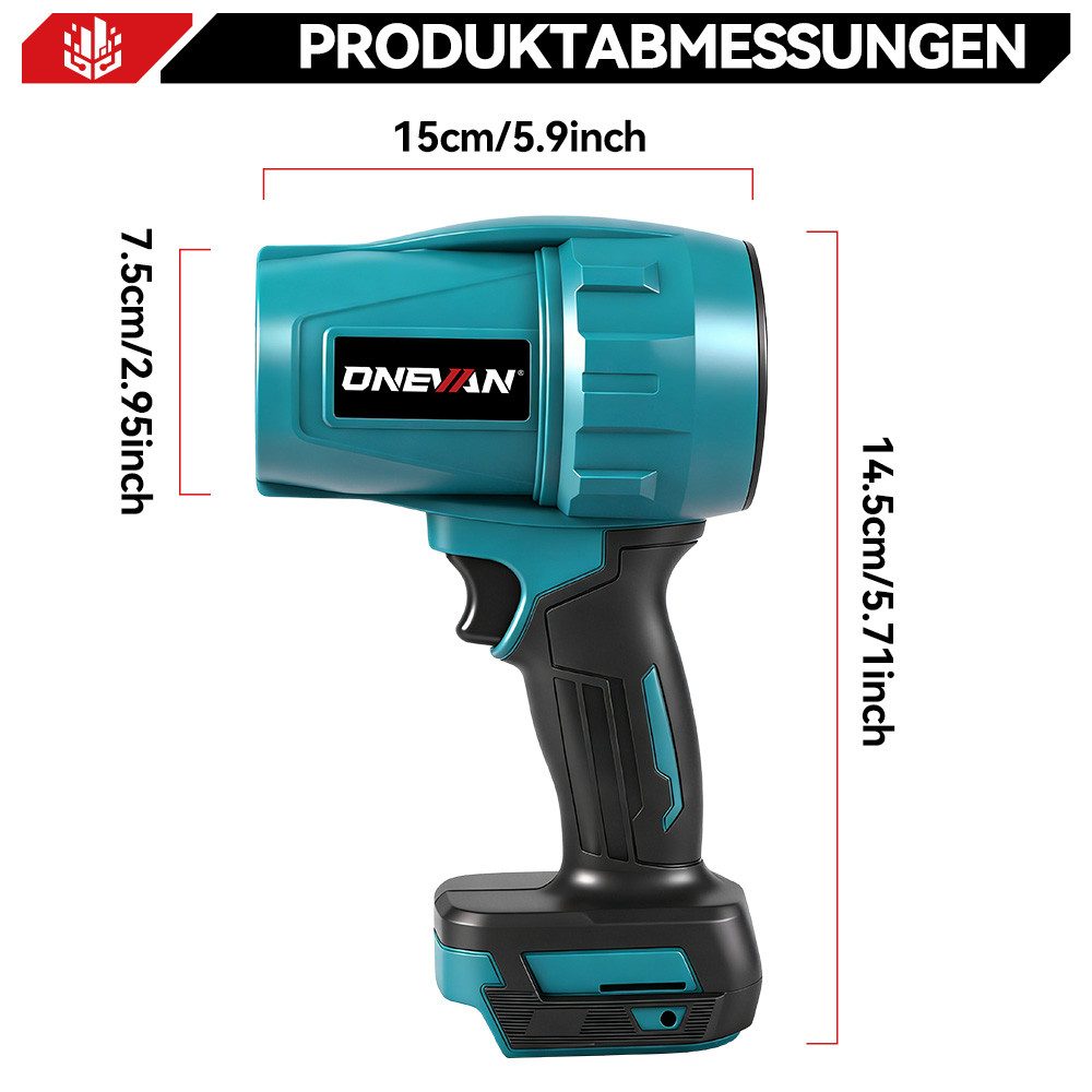 ONEVAN Akku-Gebläse 160 m/s Bürstenloser Turbo-Jet-Lüfter, Tragbarer Akku-Laubbläser, mit 2 x Akku, Leicht Laubbläser, Für Laub/Schnee/Staub/Auto/SäGemehl