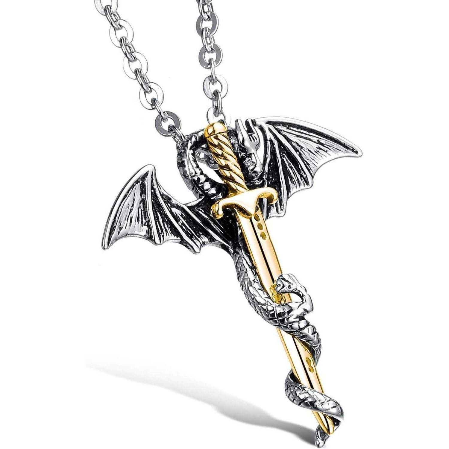 LuxusKollektion Kette mit Anhänger Edelstahl Drache Schwert Anhänger Halskette Herren Silber Gold