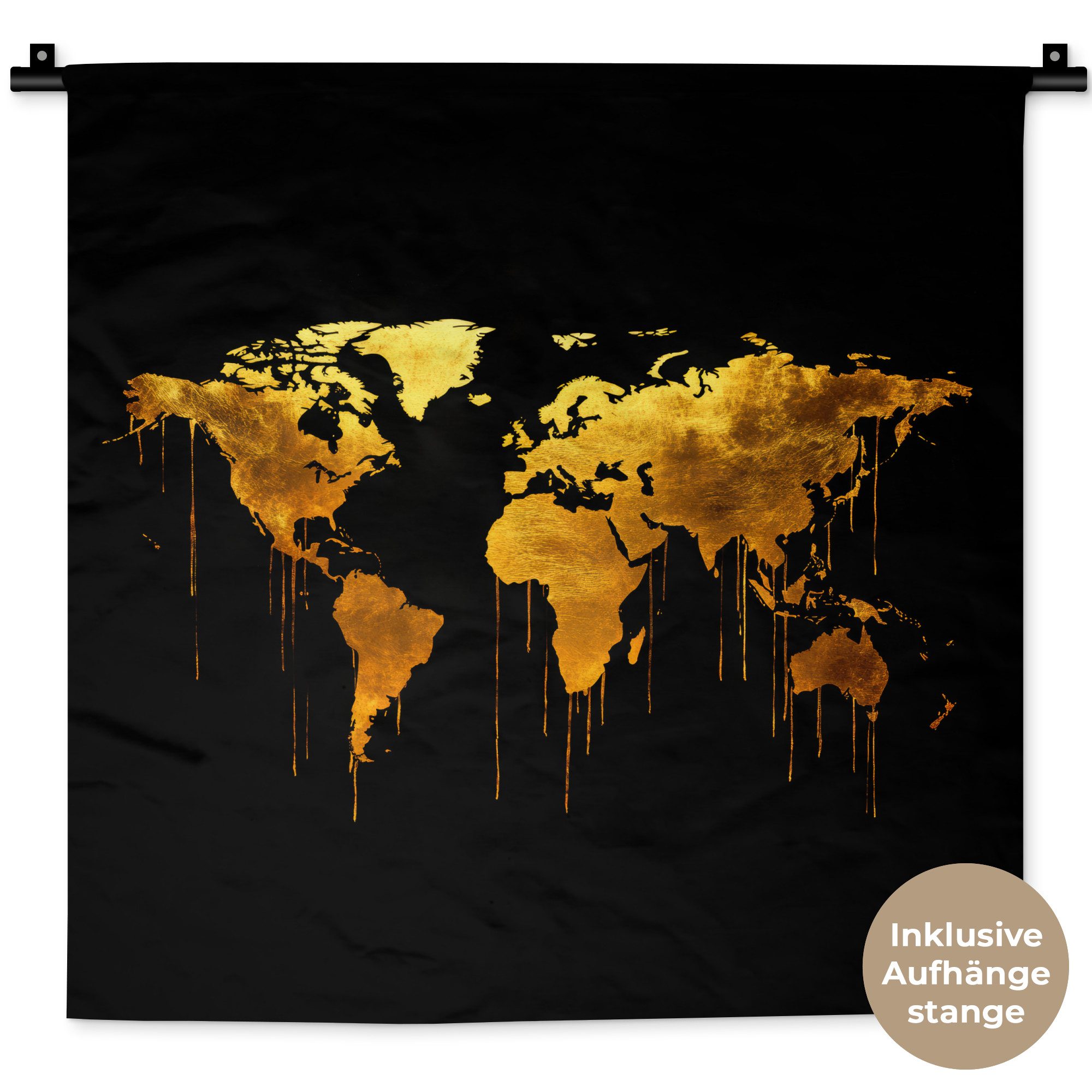 MuchoWow Wandteppich Weltkarte - Gold - Tropfend - Schwarz, Quadratisch, Höhe: 3 mm, Wand Teppich, Deko für an den Wand, 60x60 cm