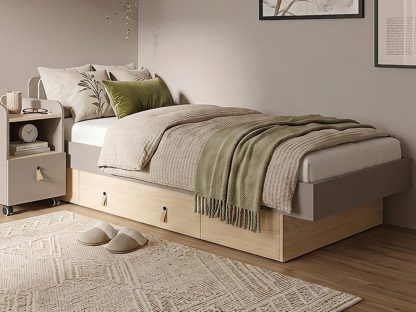 Beautysofa Jugendbett SORELLA 90 × 200 cm mit Lattenrost und Bettkasten-Schublade (Porcini oder Macadamia mit Eiche Mavelie, Einzelbett mit wählbarer Auszugseite), wahlweise ohne Matratze oder mit MEDIRO CORE