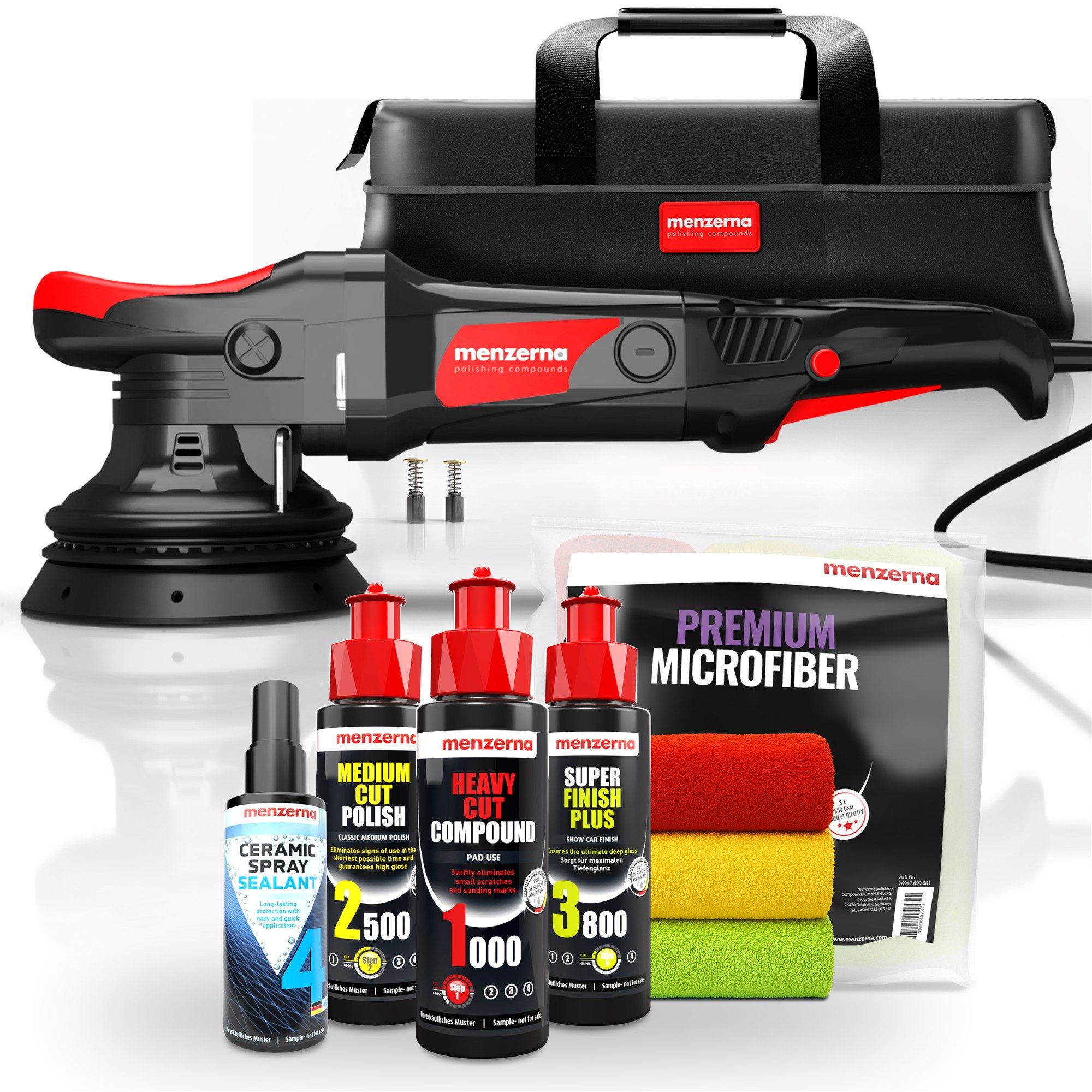 menzerna Exzenter Poliermaschine Autopoliermaschinen Set MZ-XR Premium, Ø 125 mm, mit Heavy Cut, Medium Cut, Super Finish Plus Politur