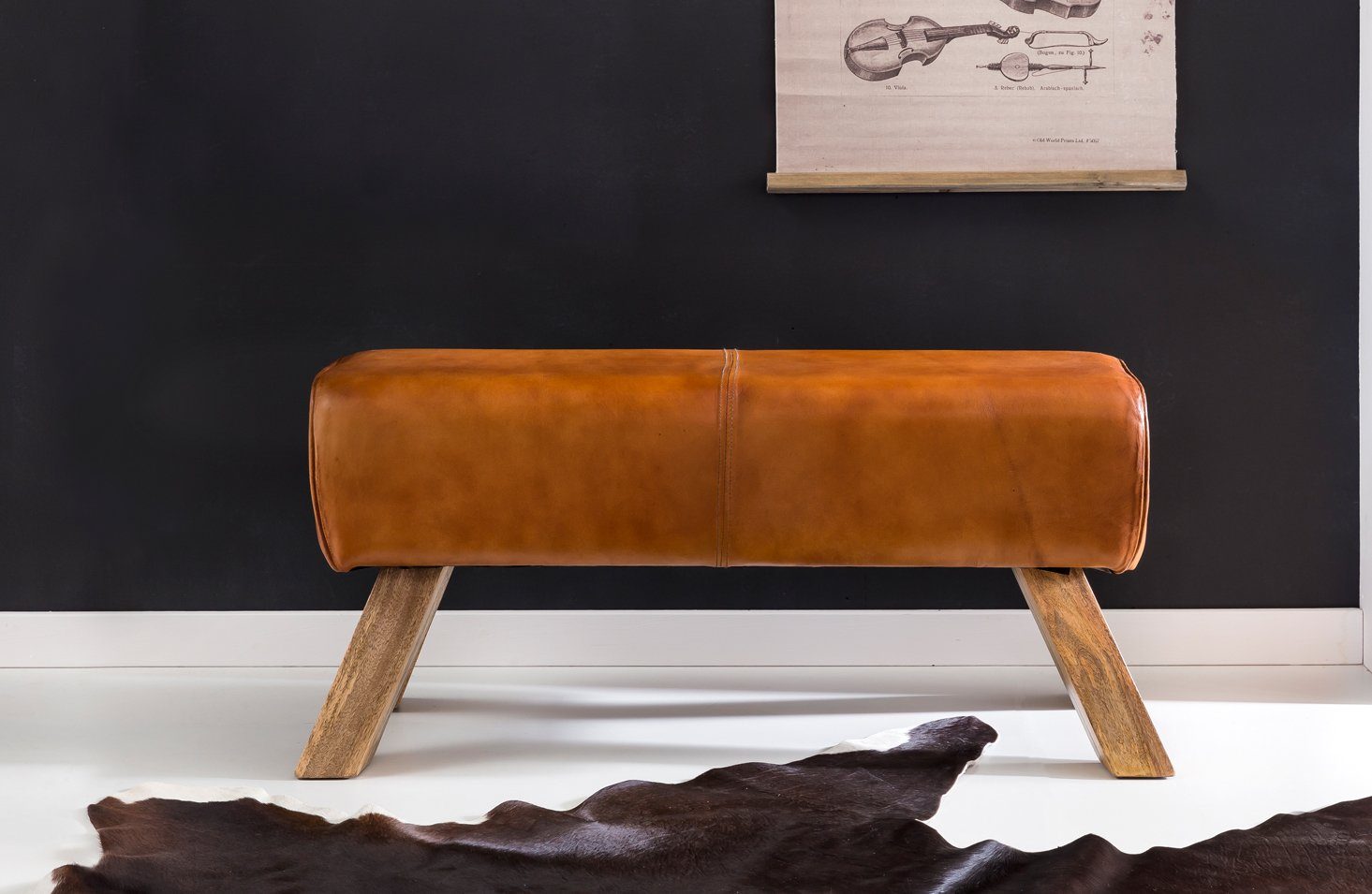 FineBuy Design Sitzbank Turnbock 90cm Cognac Echtleder Mangoholz Retro Sitzhocker, Lederhocker mit Holzbeinen, Sprinbock Hocker, Garderobenbank – Bild 4 von 5