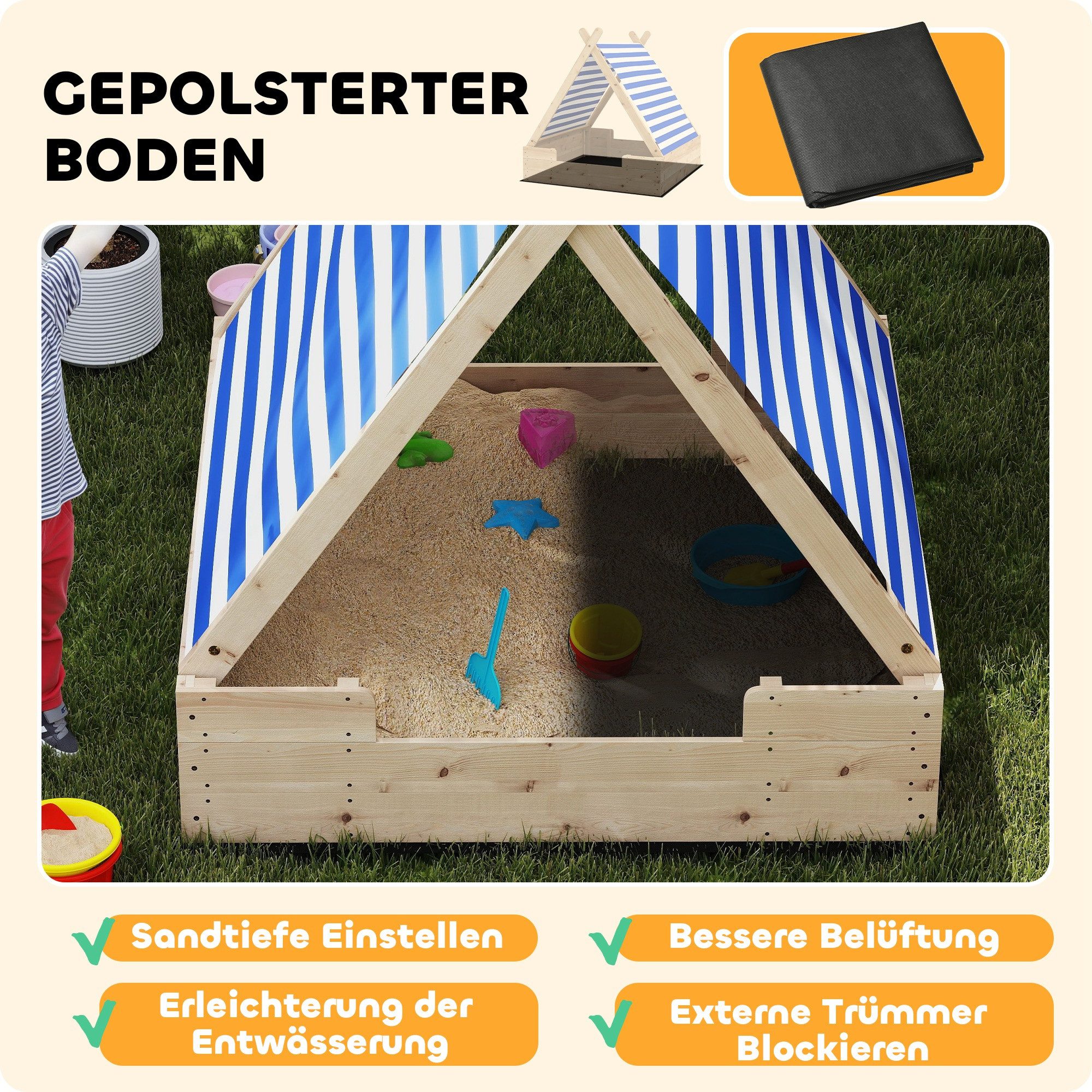 AIYAPLAY Sandkasten Sandkiste für Kinder, (mit wetterfestem Zeltdach, 1-tlg., für 3 Kinder im Alter von 3-6 Jahren), 120 x 120 x 126,5 cm, Tannenholz