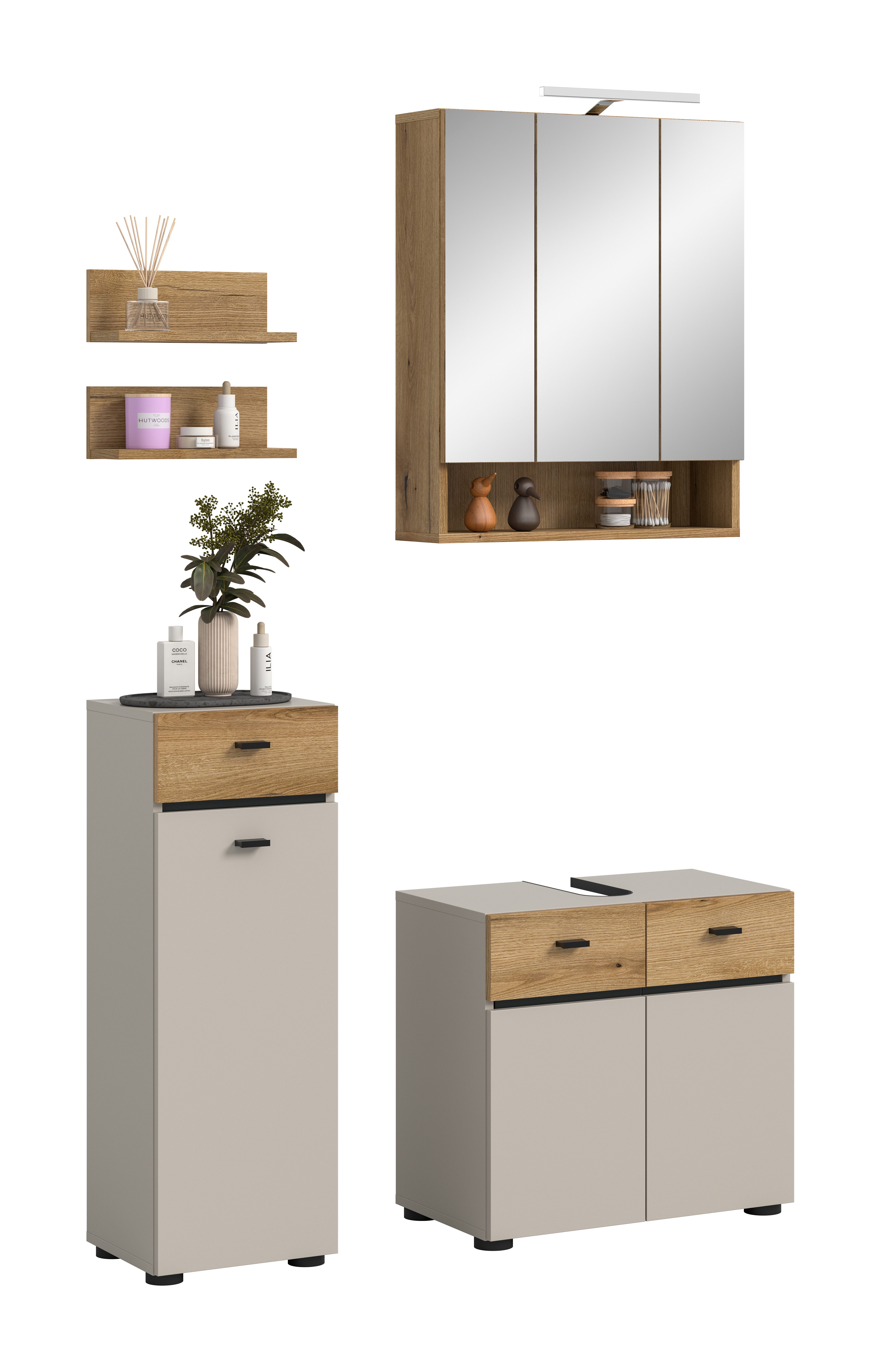 furnling Badmöbel-Set mit LED-Beleuchtung, Aquia, (4-St., Spiegelschrank, Standschrank, WBU, Regal-Set), wasserabweisende Badschränke, matte Kaschmir Front, Breite 107 cm