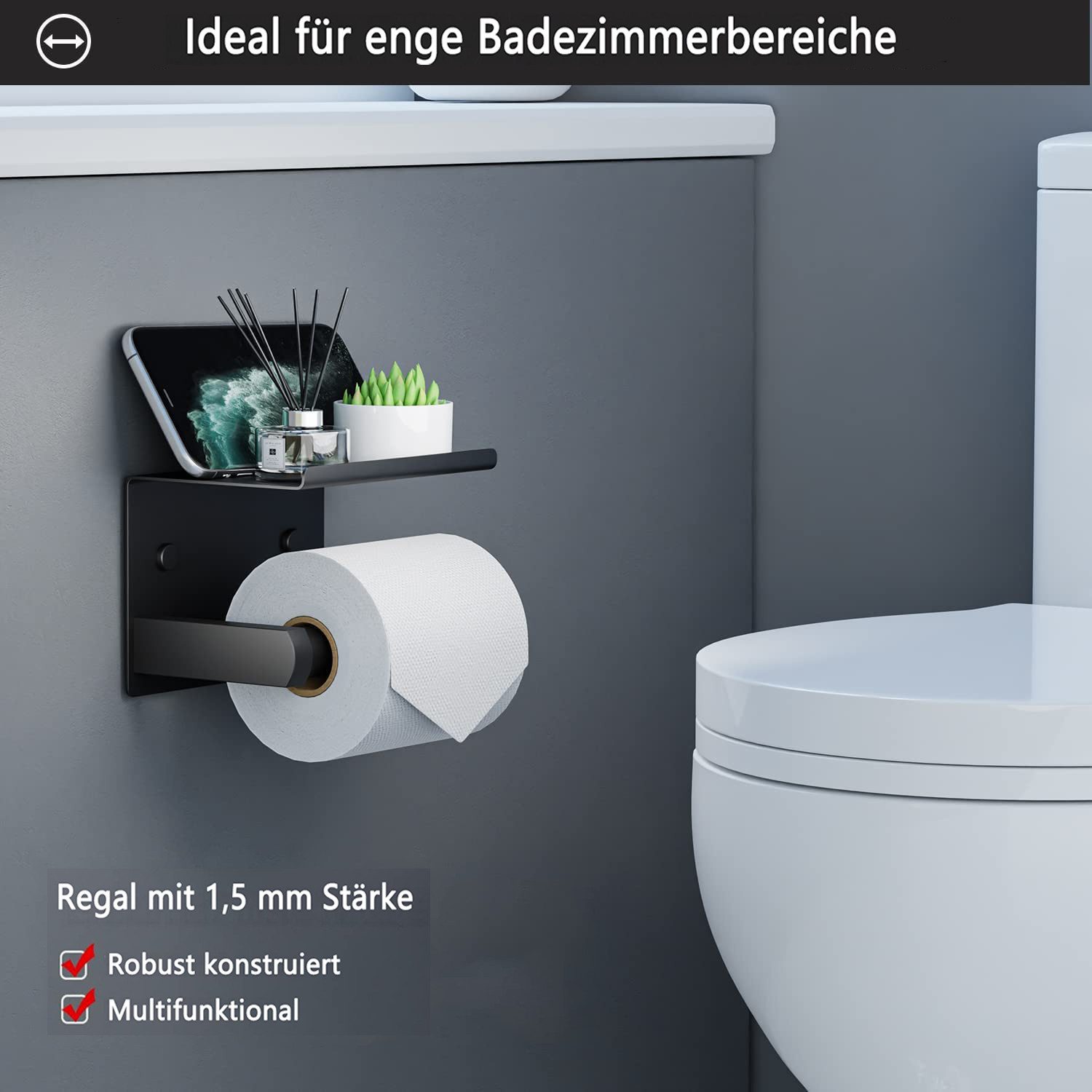 Refined Living Toilettenpapierhalter Ohne Bohren,Selbstklebend Klopapierhalter mit Ablage,Klorollenhalter (Edelstahl Klorollenhalter Wandmontage, Toilettenpapierhalter, Selbstklebende WC Papier Halterung mit 2 Klebehaken), Wandmontage Klorollenhalter für Küche und Badzimmer