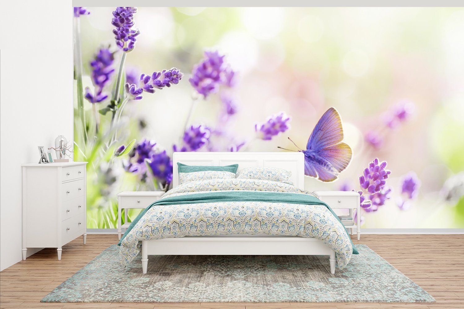 - Natur, bedruckt, Fototapete Wohnzimmer Lavendel Schmetterling Vliestapete - Matt, Küche, (7 Blumen MuchoWow - Fototapete Schlafzimmer St), für