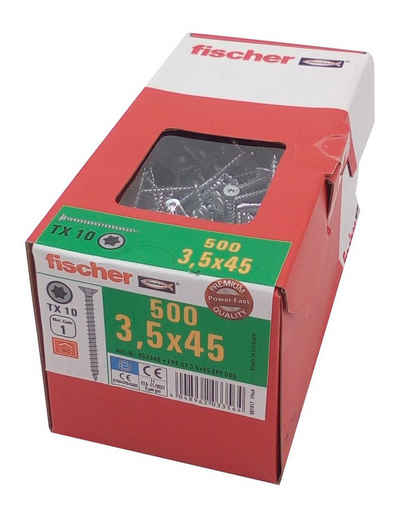 Fischer Befestigungstechnik Schraube 500x fischer Spanplattenschrauben 3,5x45 TX10 Holzschrauben verzinkt V, (500 St)