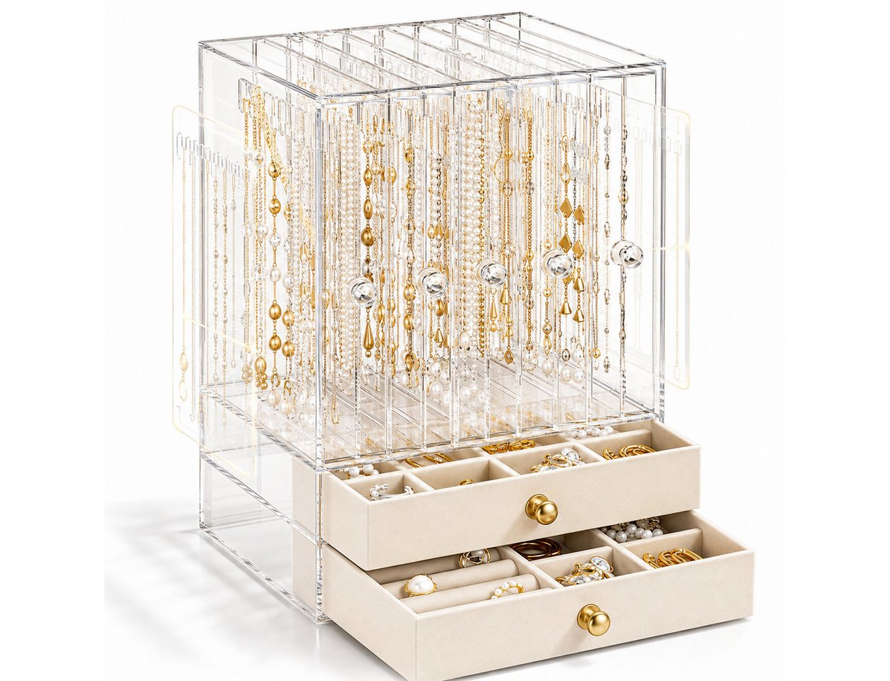 Luckice Make-Up Organizer Großer Schmuckkasten mit Glasfenster für Damen, Set, Transparentes Material, Praktisches aufgeteiltes Innenlayout