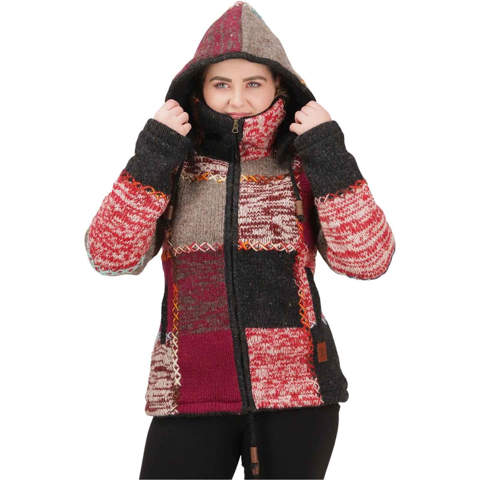KUNST UND MAGIE Kapuzenstrickjacke Strickjacke Wolle Bunte Patchworkjacke Fleecefutter abnehmbarer Kapuze