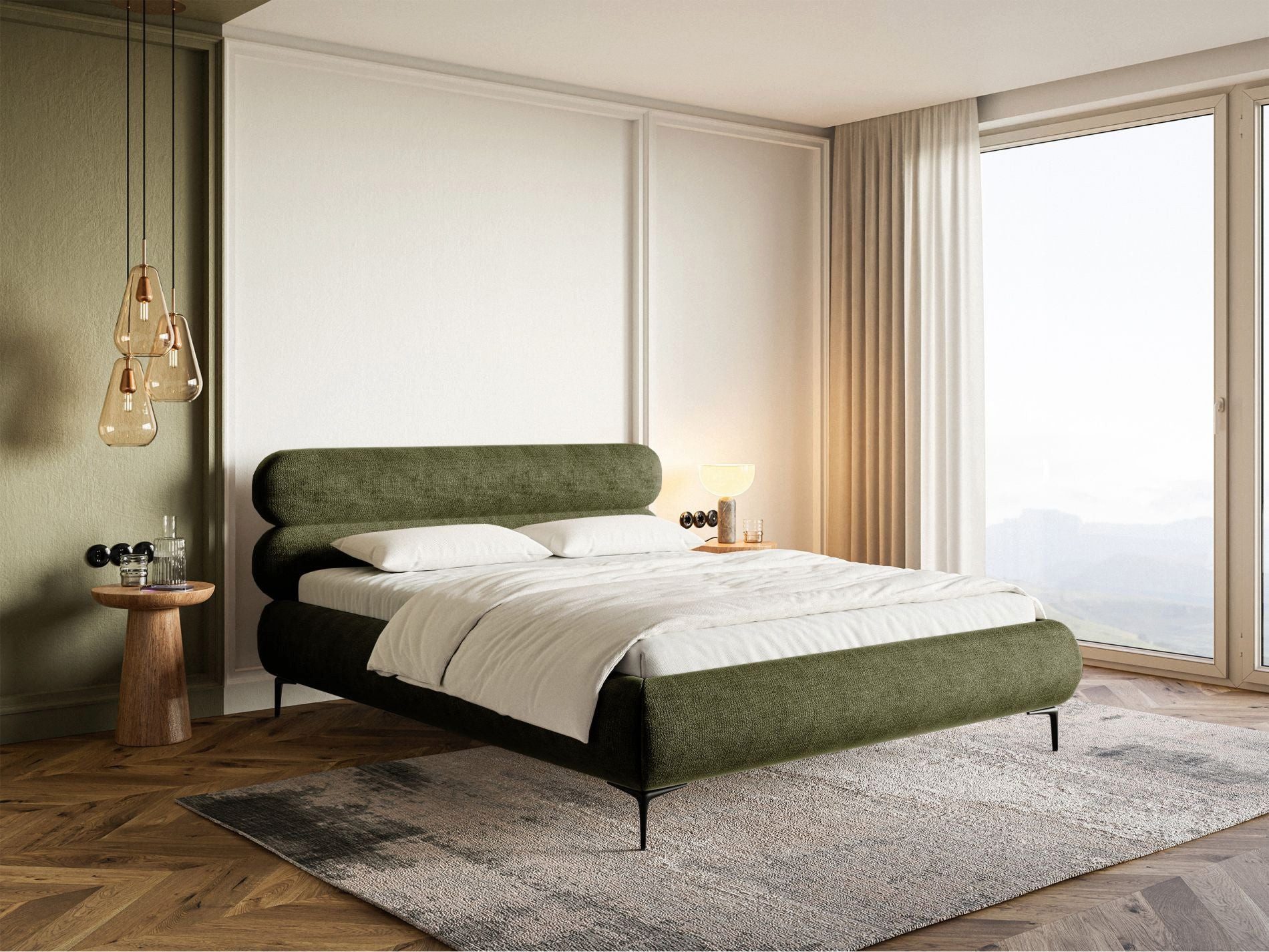 Selsey Polsterbett ROULE, mit Chenille-Bezug, Kopfteil und Rollrost und schwarzen Beinen