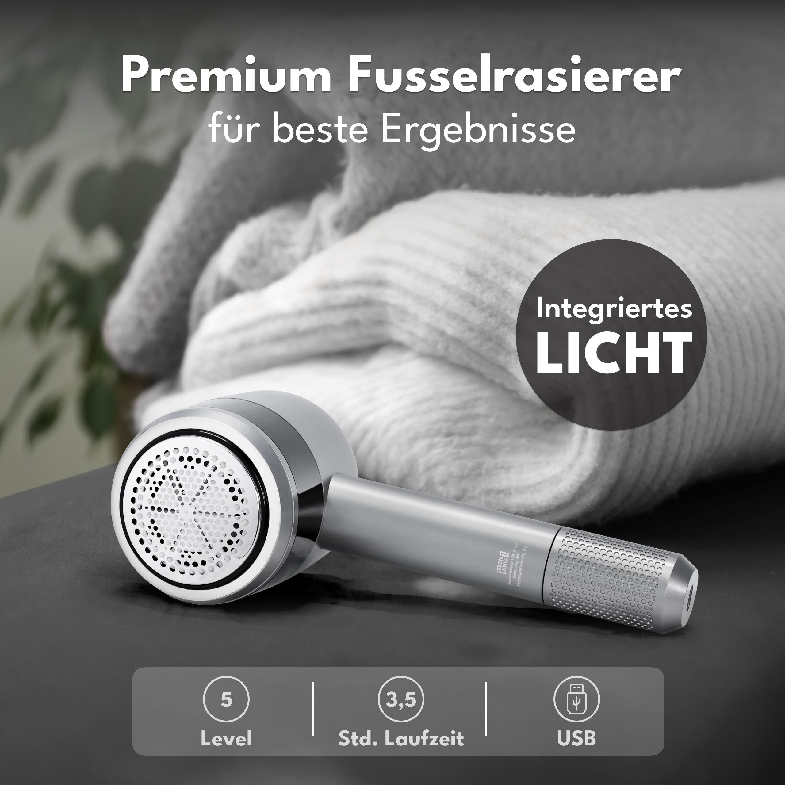 Lebenlang Fusselrasierer Premium elektrischer Fusselentferner mit 4000mAh, Großes Display, Präzisionsklingen, 5 Modi, LED Frontlicht