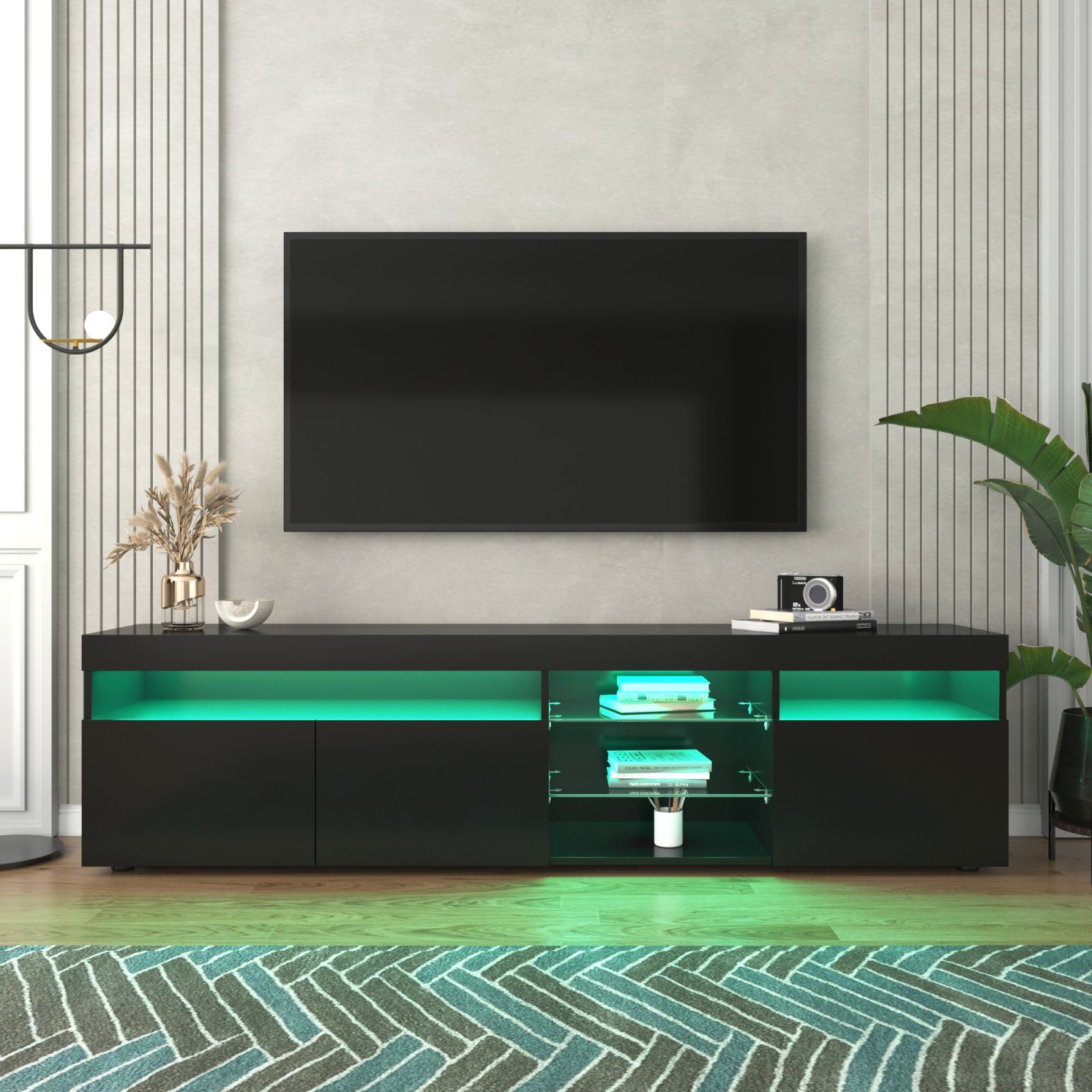 SEEZSSA TV-Schrank Lowboard hochglanz mit LED-Beleuchtung, Glasablage,  Helles Panel (LED-Licht im 4 Farben) 180 x 35 x 45cm
