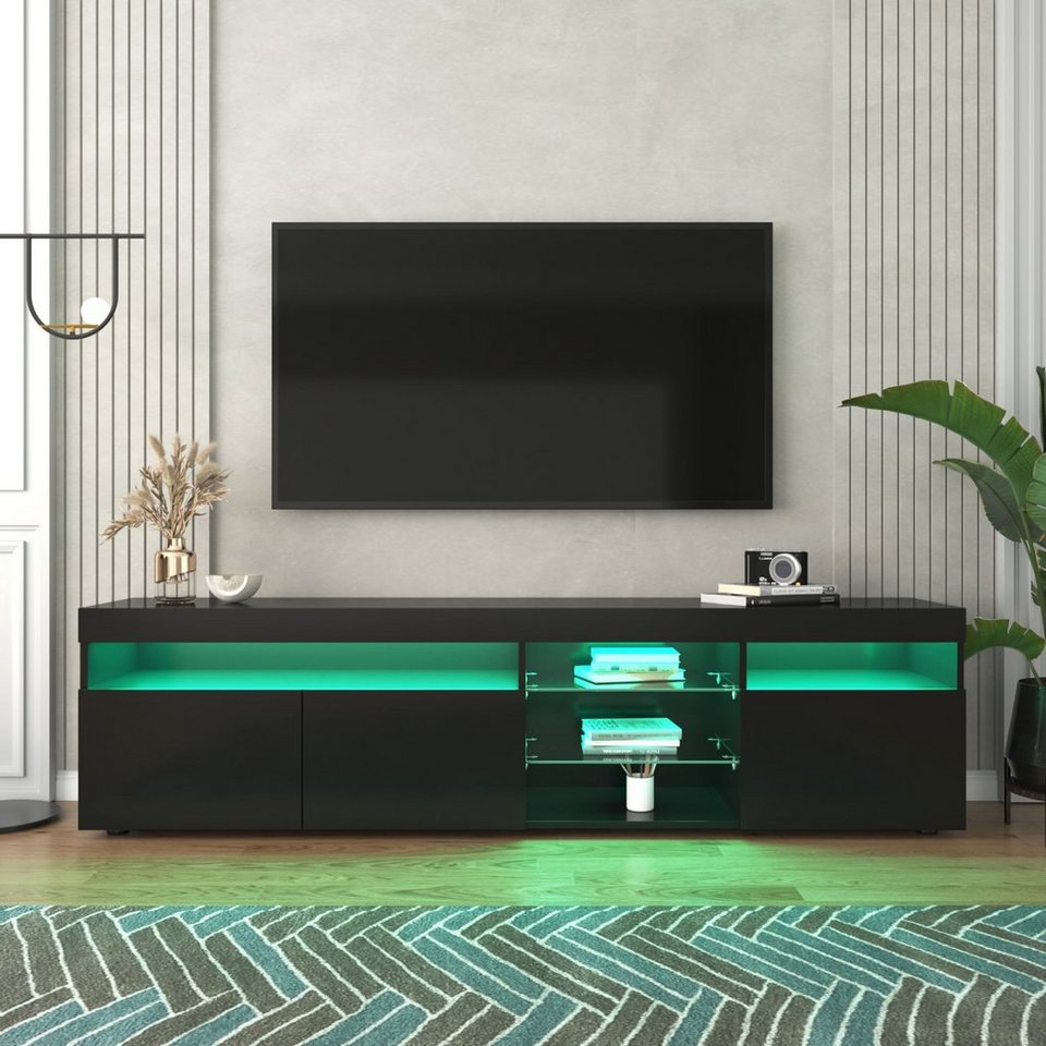 SEEZSSA TV-Schrank Lowboard hochglanz mit LED-Beleuchtung, Glasablage,  Helles Panel (LED-Licht im 4 Farben) 180 x 35 x 45cm | TV-Schränke