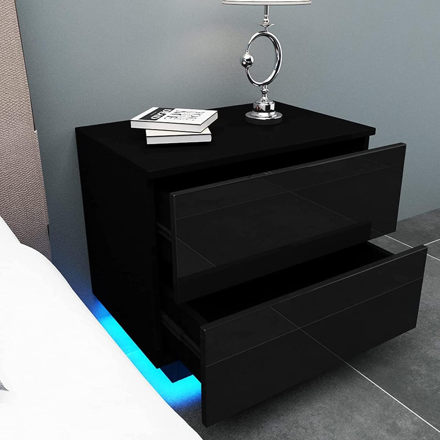 Dripex Nachttisch Nachttisch Nachtschrank mit LED-Beleuchtung und 2 Schubladen – Bild 4 von 5