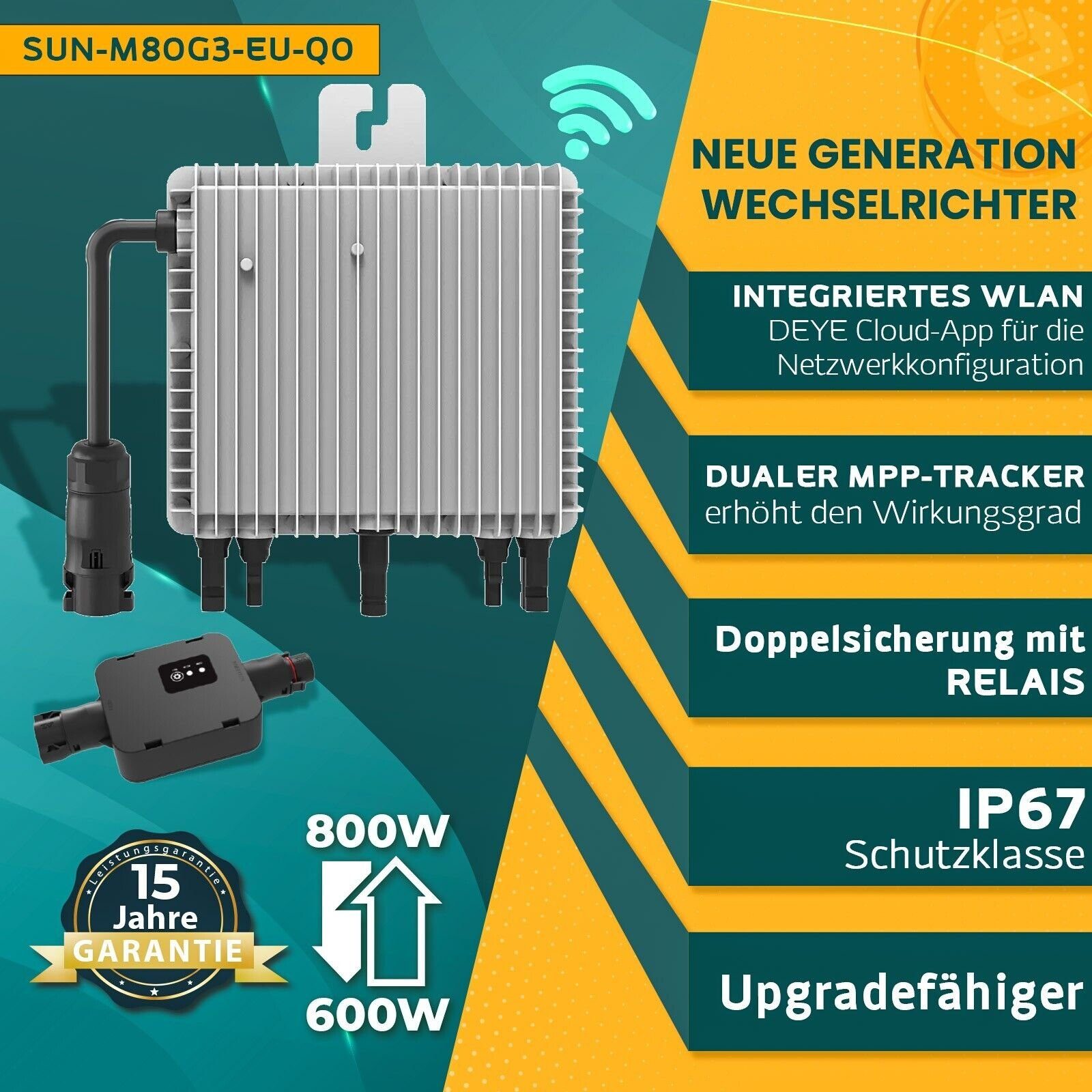 820W Solarmodule, inkl. 5M enprovesolar Generation Relais, WIFI Balkonkraftwerk Solaranlage Schuko Stecker Komplettset mit Neu 800W Bifazial 410W Wechselrichter Deye