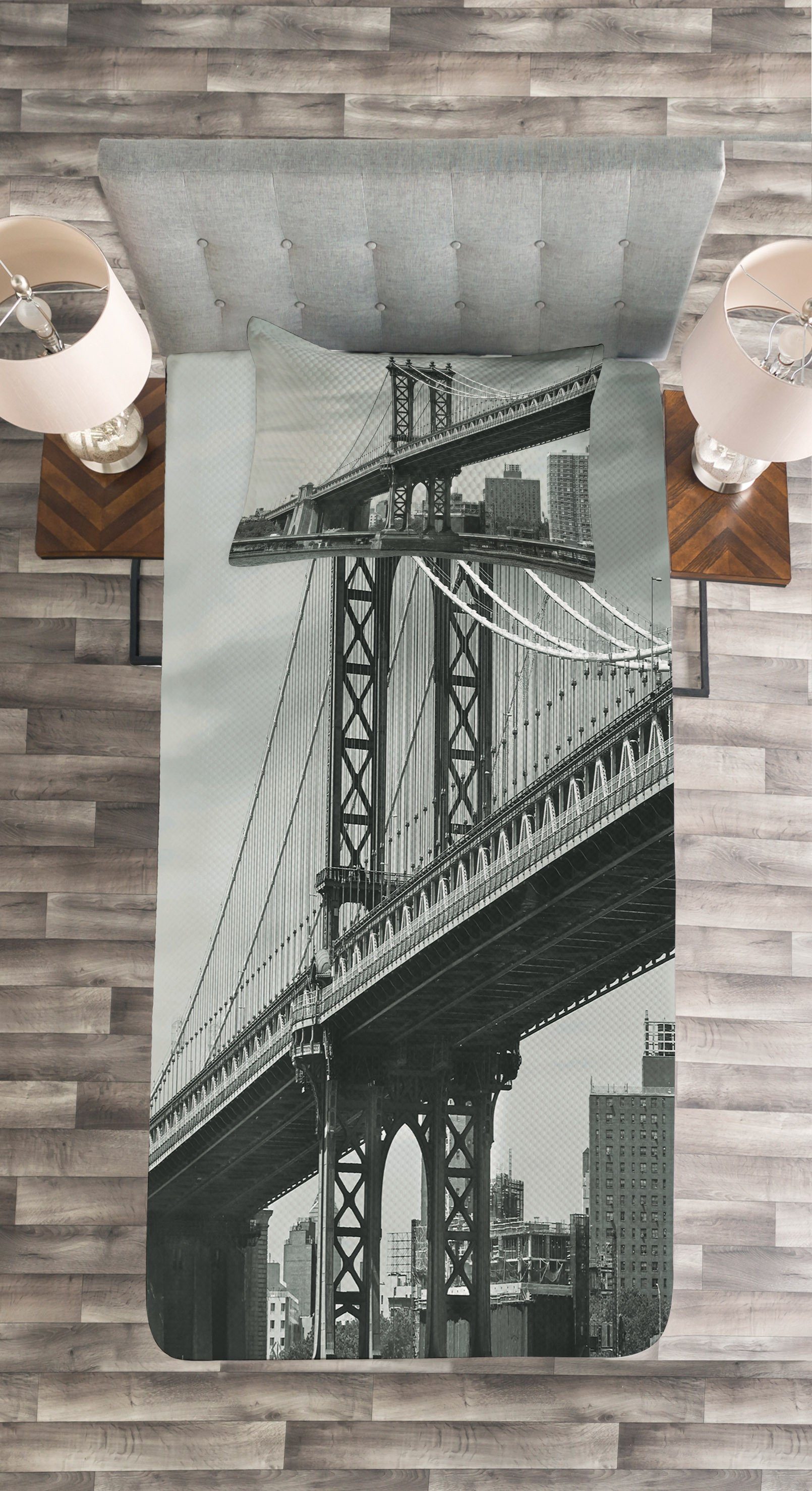 Tagesdecke Set mit Kissenbezügen Waschbar, Brücke in York City Jahrgang Abakuhaus, New