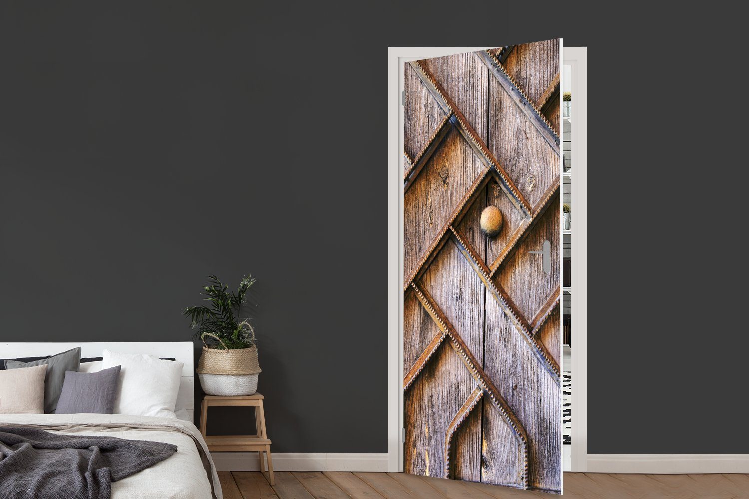 MuchoWow Türtapete Holztür Tür, Matt, bedruckt, für Fototapete 75x205 Eisenstruktur, mit St), einer (1 Türaufkleber, cm