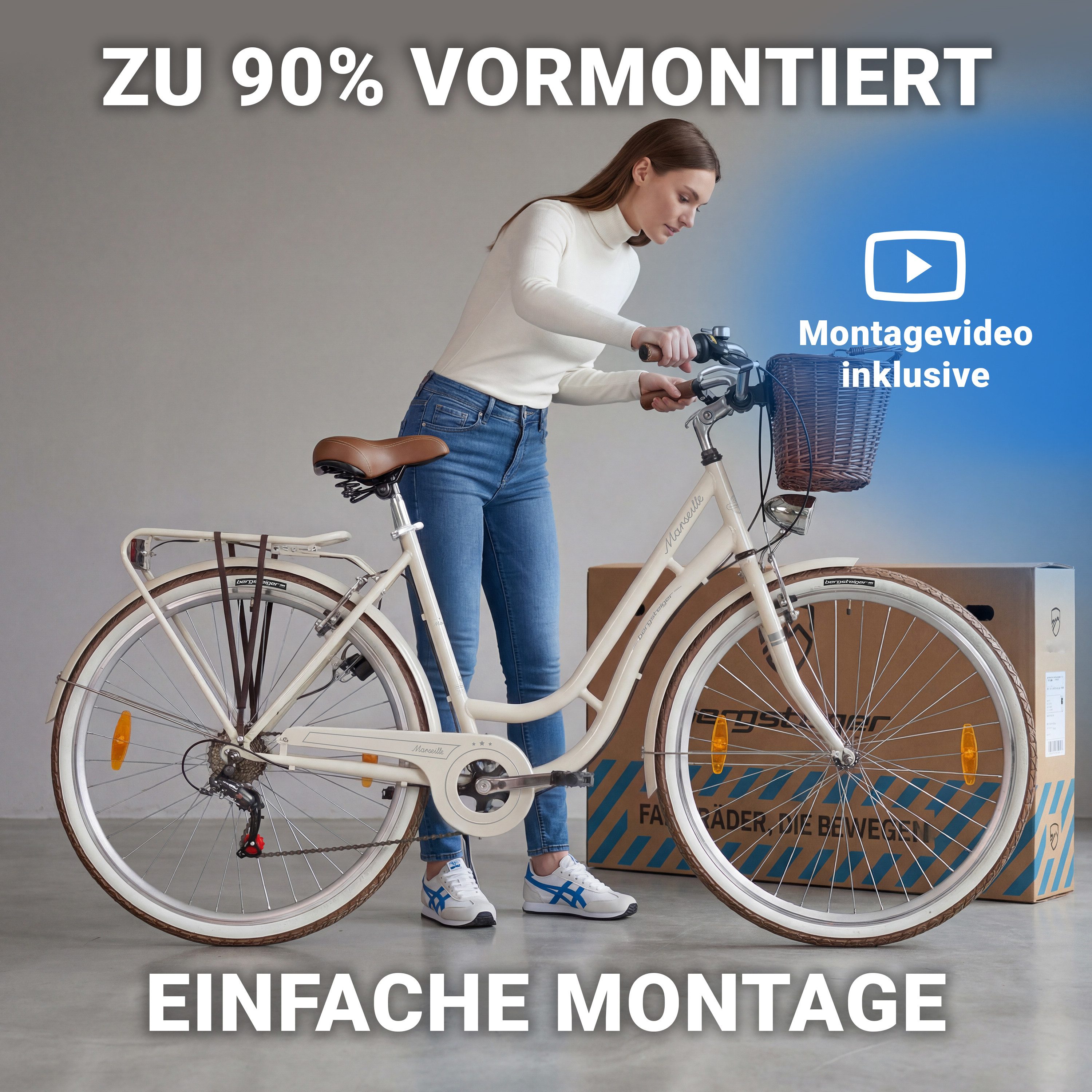 bergsteiger Cityrad Marseille 26 Zoll, 28 Zoll Damenfahrrad, ab 150 cm, Korb aus Rattan, 6 Gang, Kettenschaltung, V-Bremsen – Bild 5 von 5