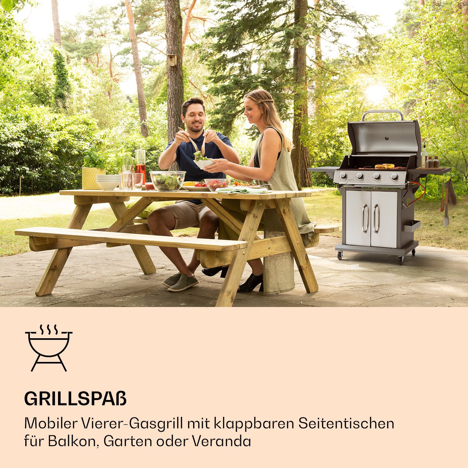 Klarstein Gasgrill Lucifer, Kombi-Set, Set, Gas Grill Smoker BBQ Edelstahl 4 Brenner Garten Mobil