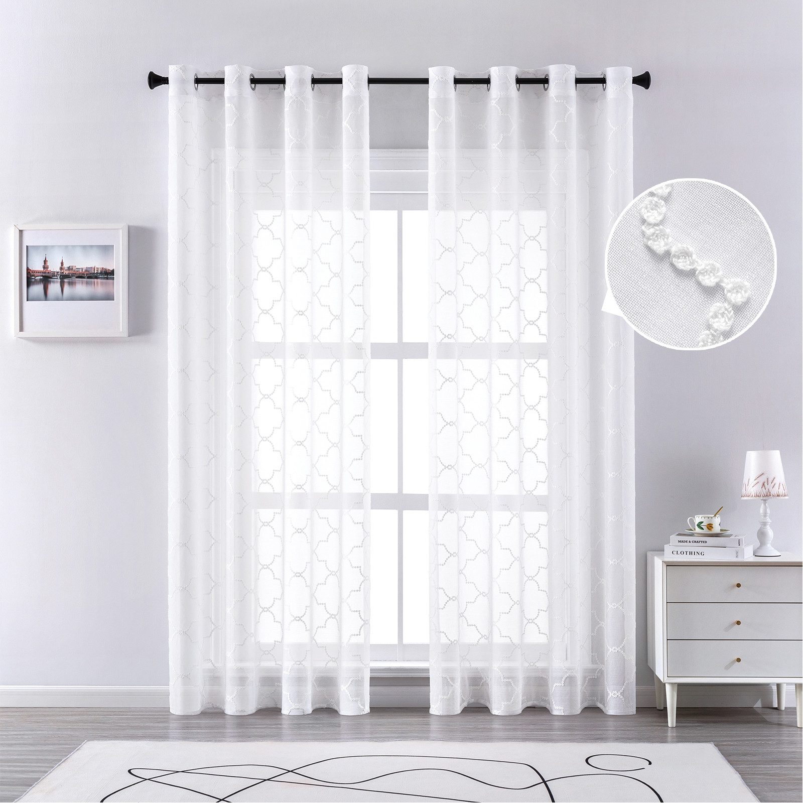 Rosnek Gardine Voile Vorhänge Weiß Halbtransparent mit Ösen, Geometrisch Gestickte Voile Gardinen für Wohnzimmer, Schlafzimmer