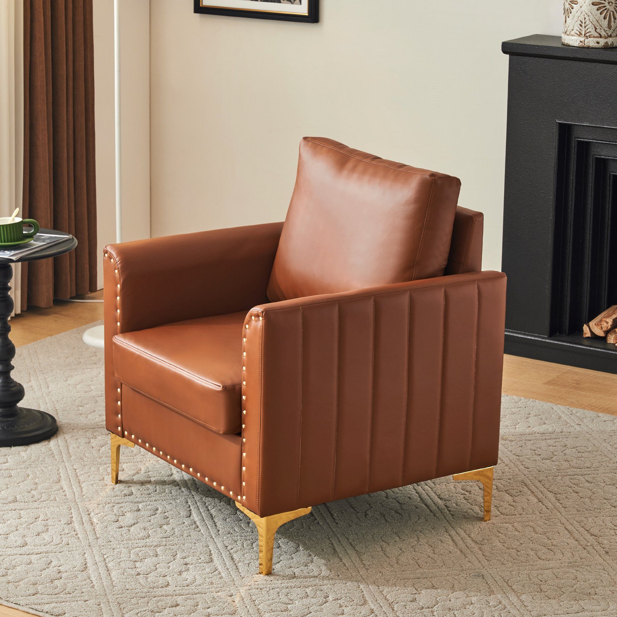 Einzelsofa, Kunstleder Sessel Relaxsessel, mit Bezug goldenen Relaxsessel Ruhesessel, Metallbeine, Merax Braun