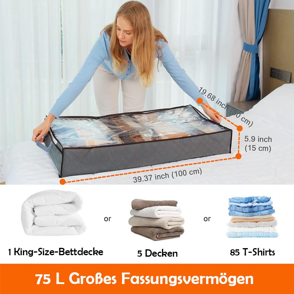 TUWENA Unterbettkommode 3 Stück Unterbettkommode mit Deckel, 75L Faltbare Grosse Kleidertasche (3 St), Kleideraufbewahrung mit Klare Fenster für Bettdecken, Kle – Bild 2 von 5