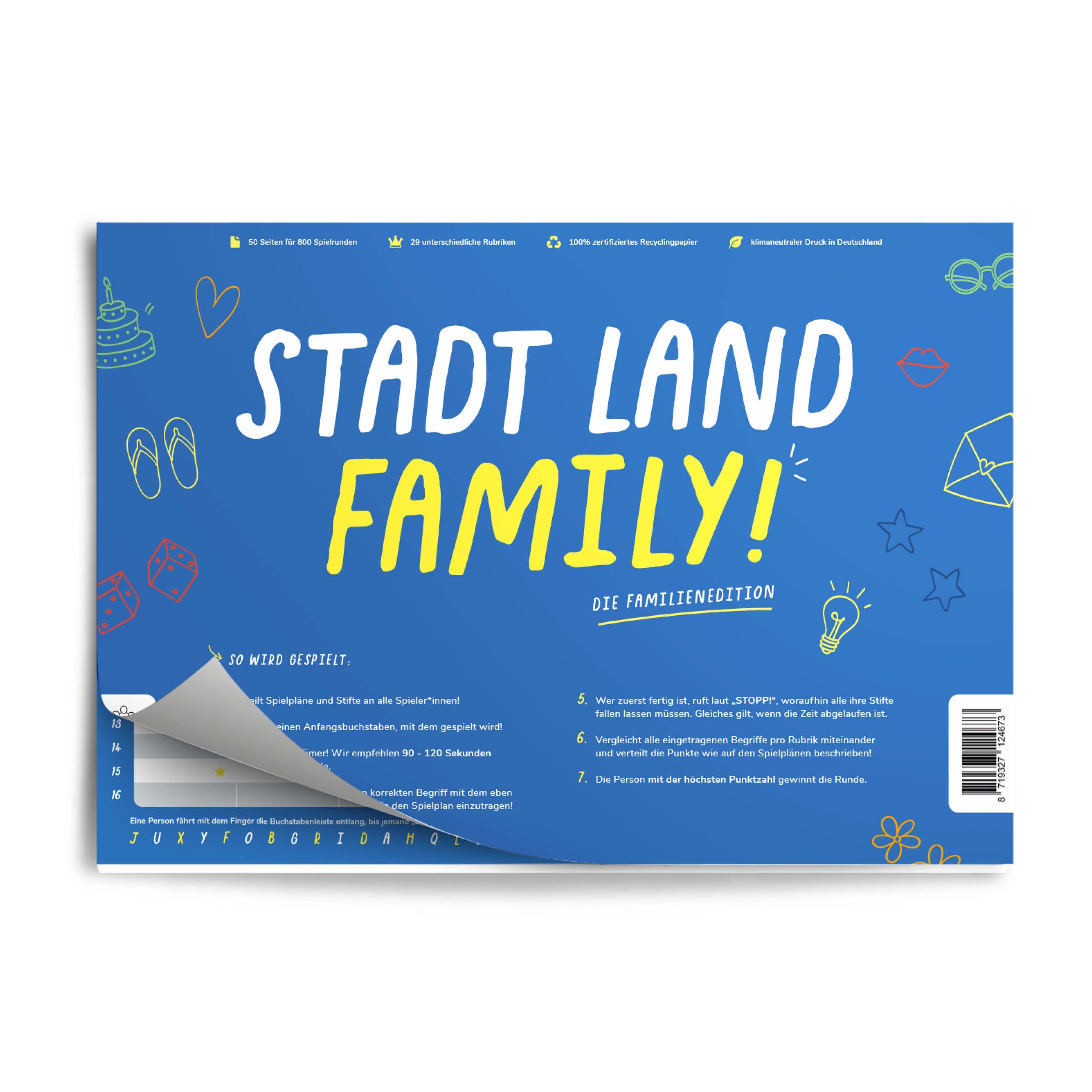 gedruckt, LAND Familien, FAMILY, Recyclingpapier STADT Denkspiel Klimaneutral für Spiel, Familienspiel 100% Pihu