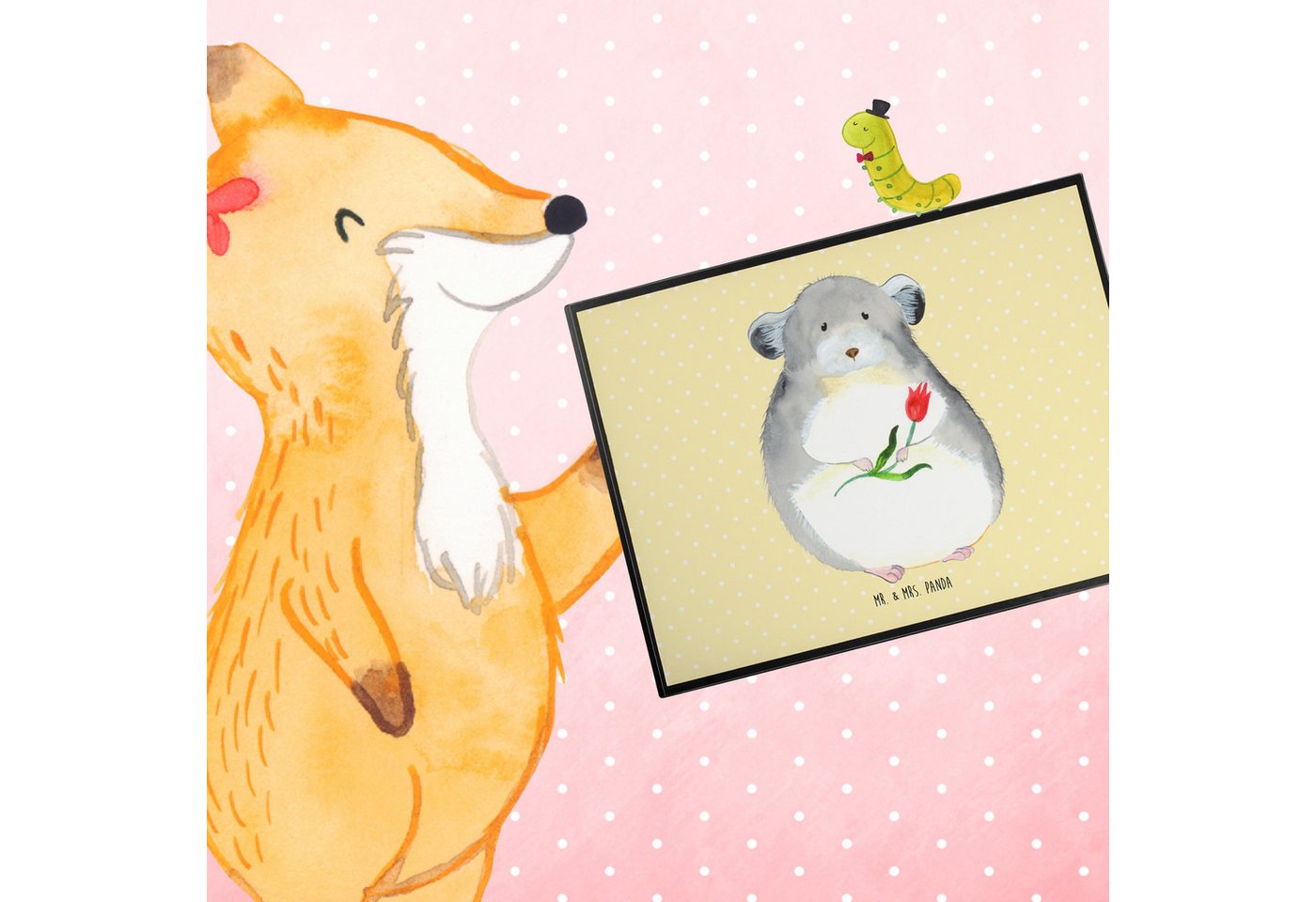 Thumbnail - Mr. & Mrs. Panda Schreibtischunterlage Chinchilla Blume - Gelb Pastell - Geschenk, lustige Sprüche, Schreibt, (Packung, ...