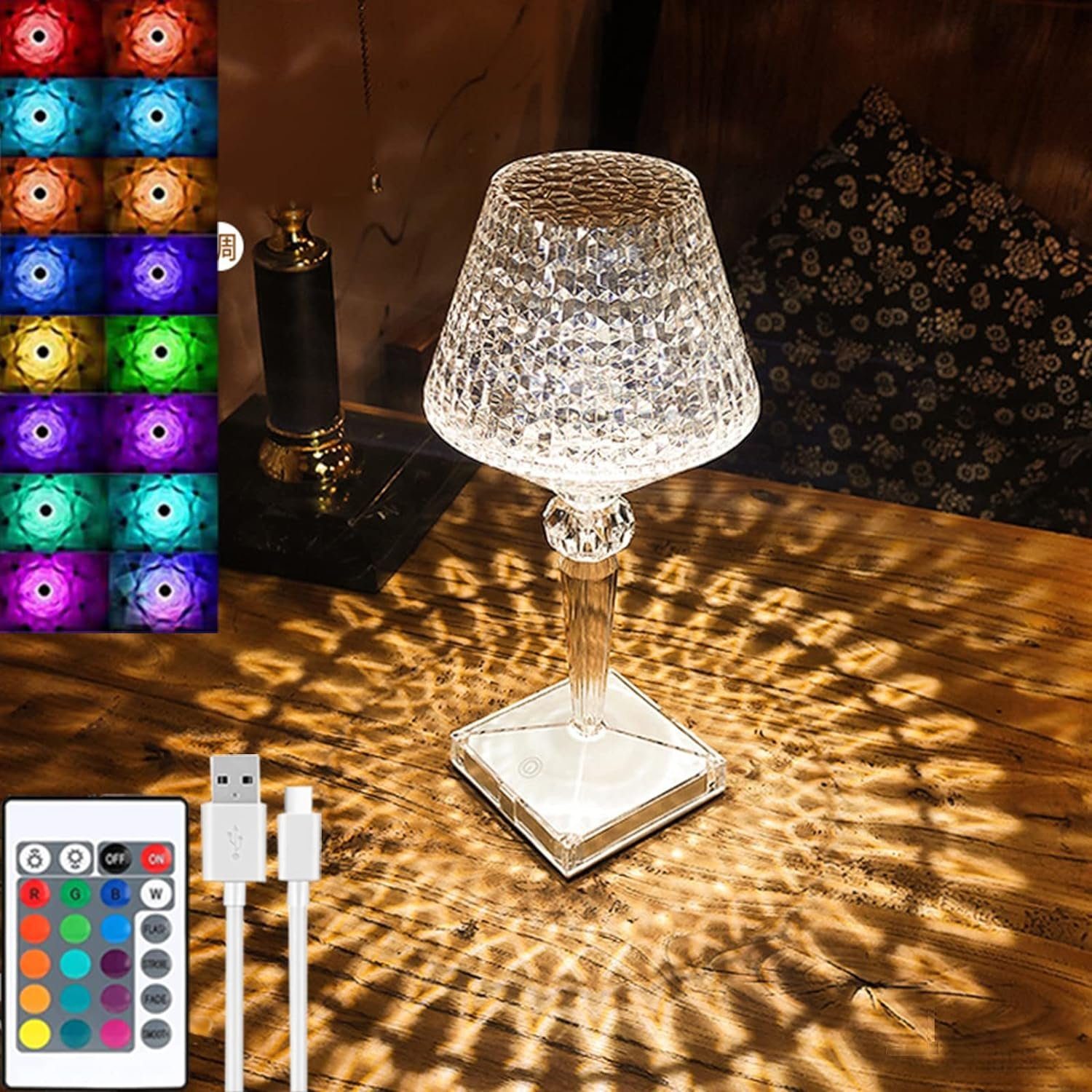 AKKEE LED Tischleuchte LED Tischlampe Crystal Diamond Lamp, RGB Farbwechsel  Nachtlicht, Nachttischlampe, LED fest integriert, Warmweiß, Acryl Diamant  Nachttischlampe [16 Farben & 4 Modi ] Mit Fernbedienung