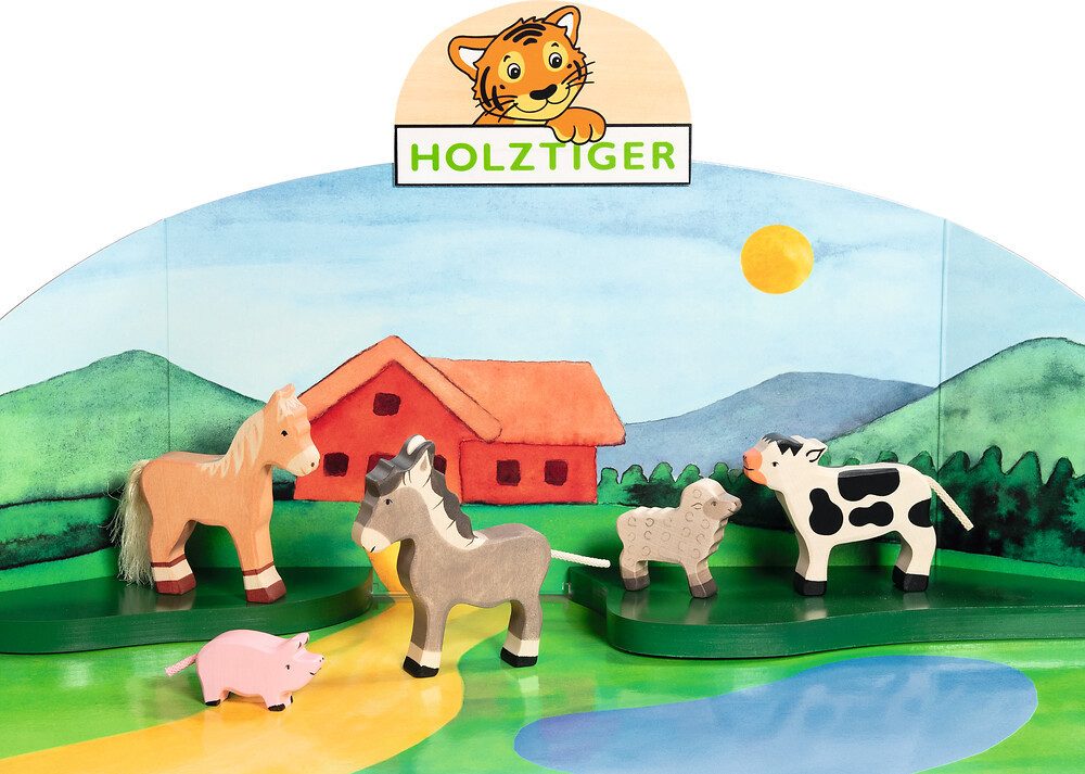 Holztiger Spielwelt Bauernhof-Set aus Holz – Kalb, Fohlen, Esel, Ferkel, Lamm, (5-tlg), hangefertigt und per Hand bemalt - jedes Stück ist ein Unikat