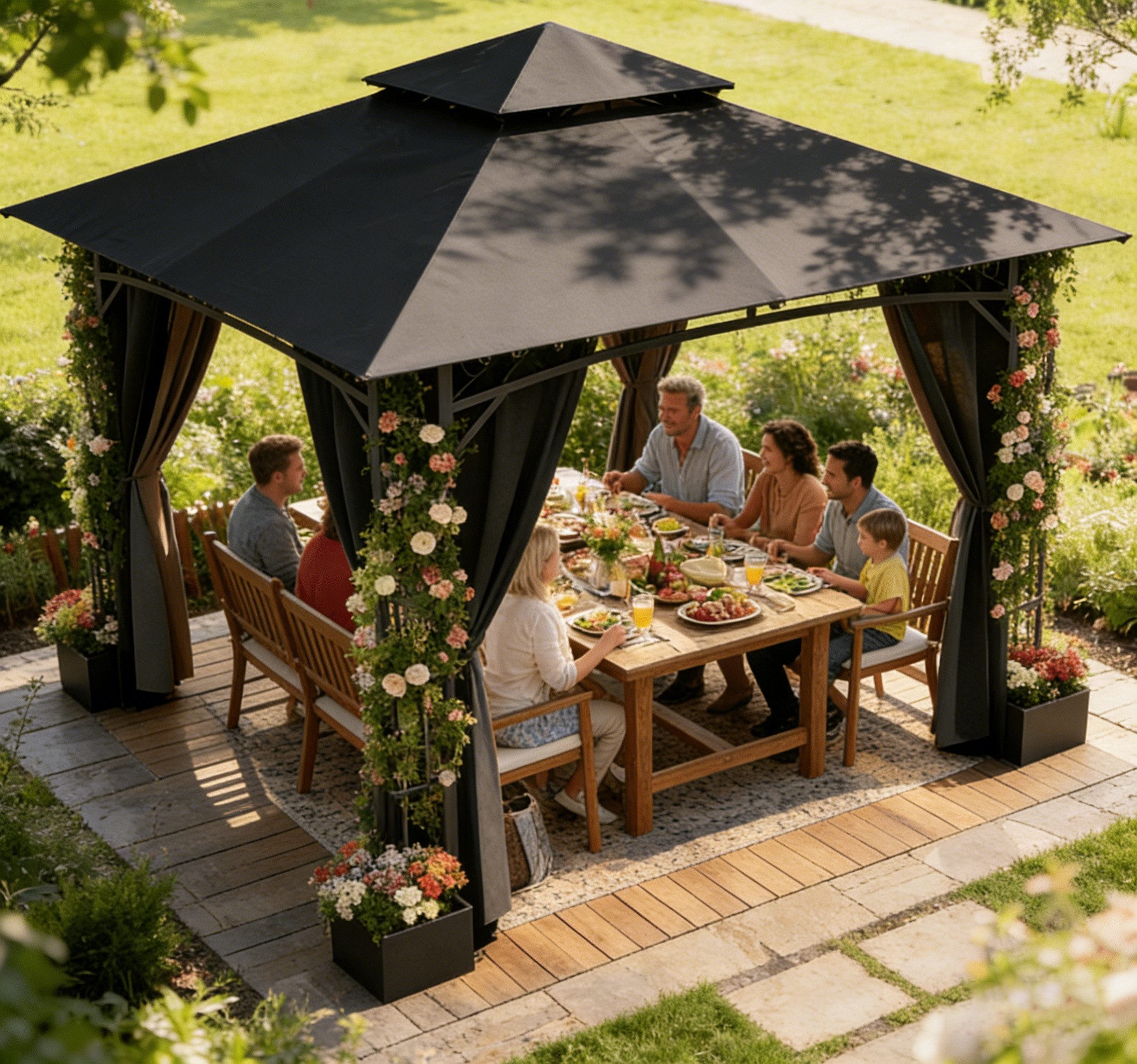 HOMALL Pavillon 300x300 Gartenpavillon mit Blumenkästen & Seitenteilen, UV-Schutz 50+, mit 4 Seitenteilen, (Wasserdicht und UV-Schutz 50+, Tragetasche mit Rollen, höhenverstellbar), Winterfest und wasserdicht gartenzelt, Stabiler Eisenrahmen