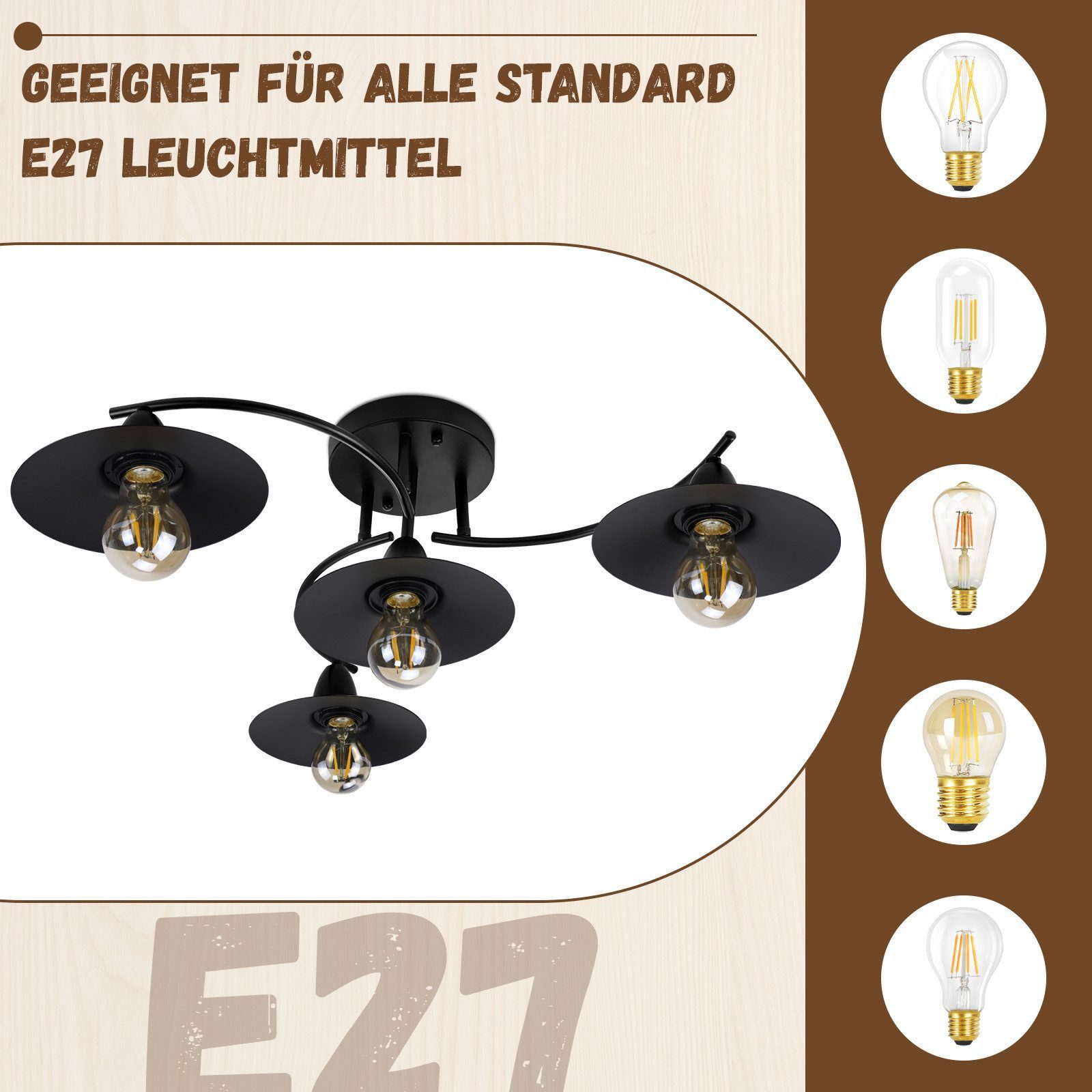 ZMH Deckenstrahler E27 Vintage Schwarz 4 Flammig Industriel Innen Schlaf Küchen modern, ohne Leuchtmittel, Deckenlamp Flur aus Eisen Strahler