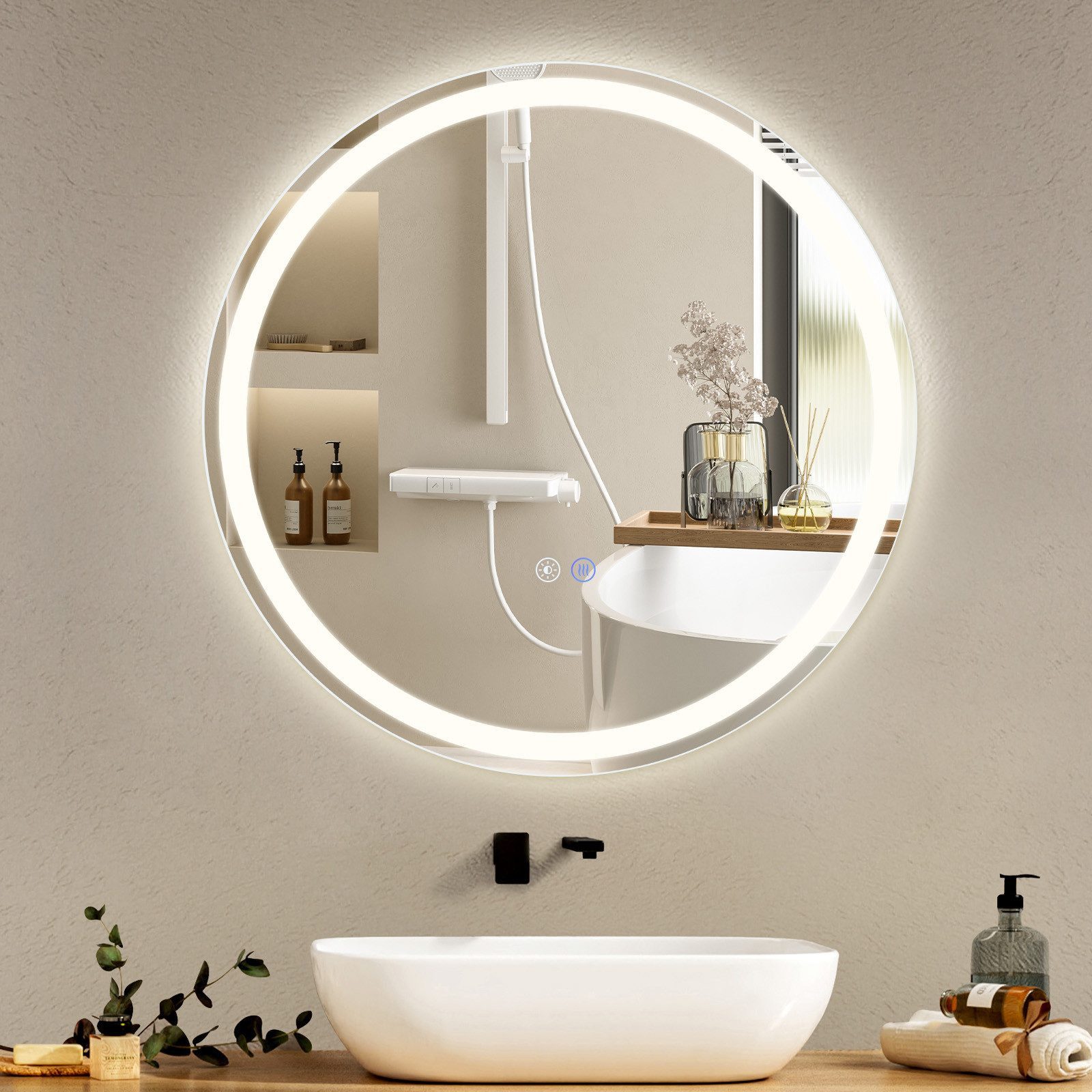 Nettlife Badspiegel Rund Touch Schalter und Entfogger Wandspiegel Beleuchtet 50/60/70/80cm, Dimmbar Memories Funktion Ideal für Badezimmer