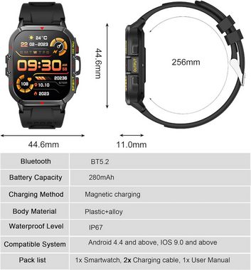 Aoekne Fur Herren mit TelefonfunktionOutdoor Militär 100+SportmodiWasserdicht Smartwatch (1.96 Zoll, Android / iOS), mit Schrittzähler Blutdruck Herzfrequenz Temperaturüberwachung