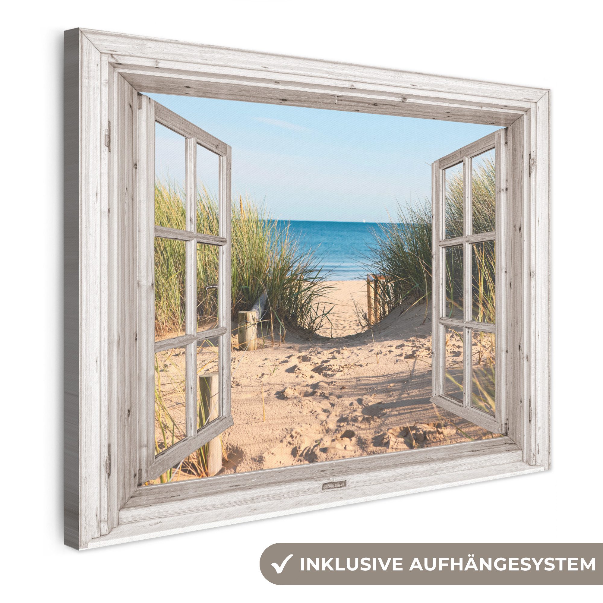 OneMillionCanvasses® Leinwandbild Durchblick - Strand - Meer - Dünen - Sand - Wasser - Hochgras, Fotodruck (1 St), Leinwand Bilder für Wohnzimmer Schlafzimmer 80x60 cm
