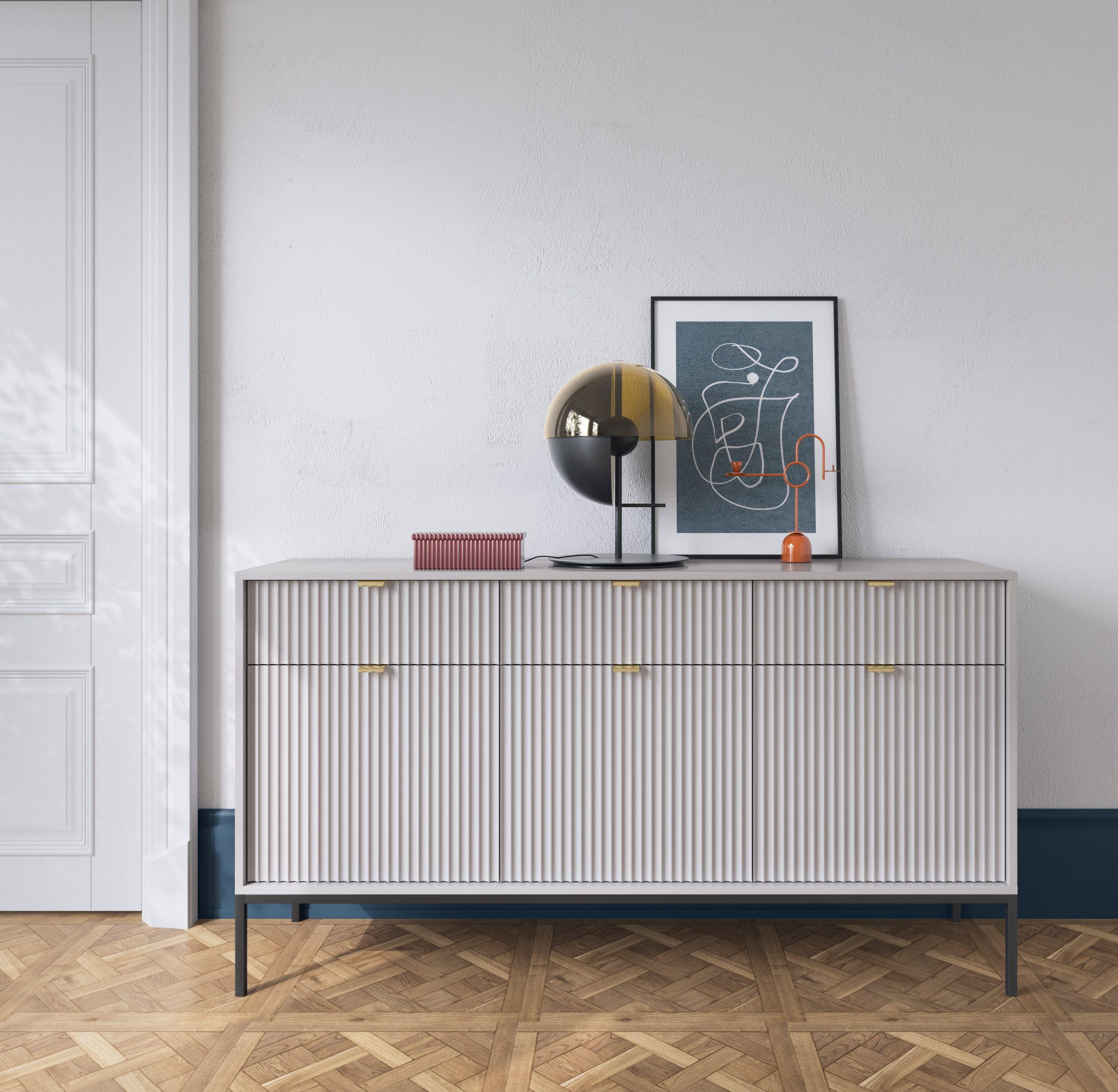 Goldstoff Kommode Milano 154 cm mit geriffelter Front und Metallrahmen (Moderner Schubladenschrank - für Wohnzimmer, Flur, Schlafzimmer), stabile Metallkonstruktion, Soft-Close