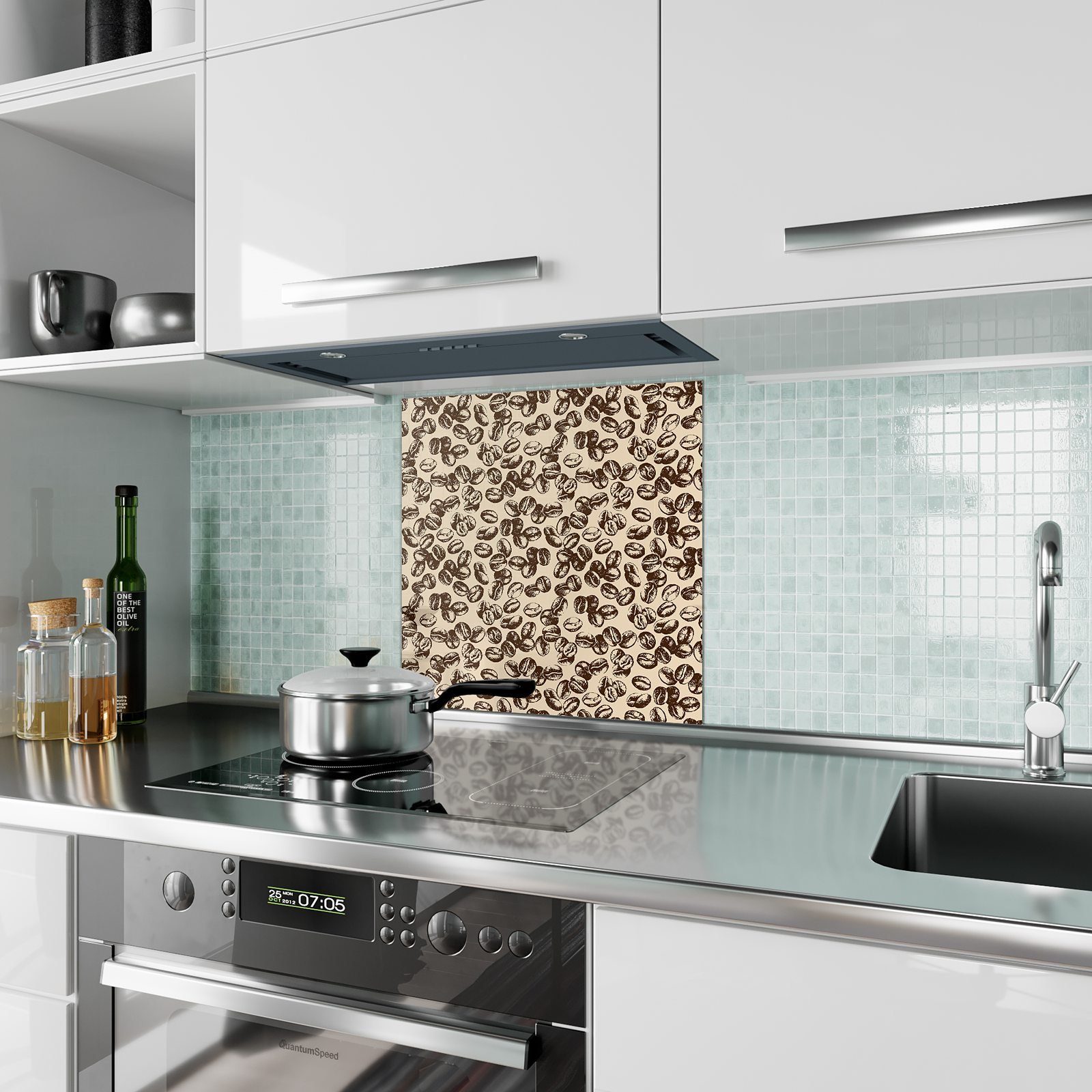 Küchenrückwand Spritzschutz Küchenrückwand mit Motiv Glas Kaffeebohnen Skizze aus Primedeco
