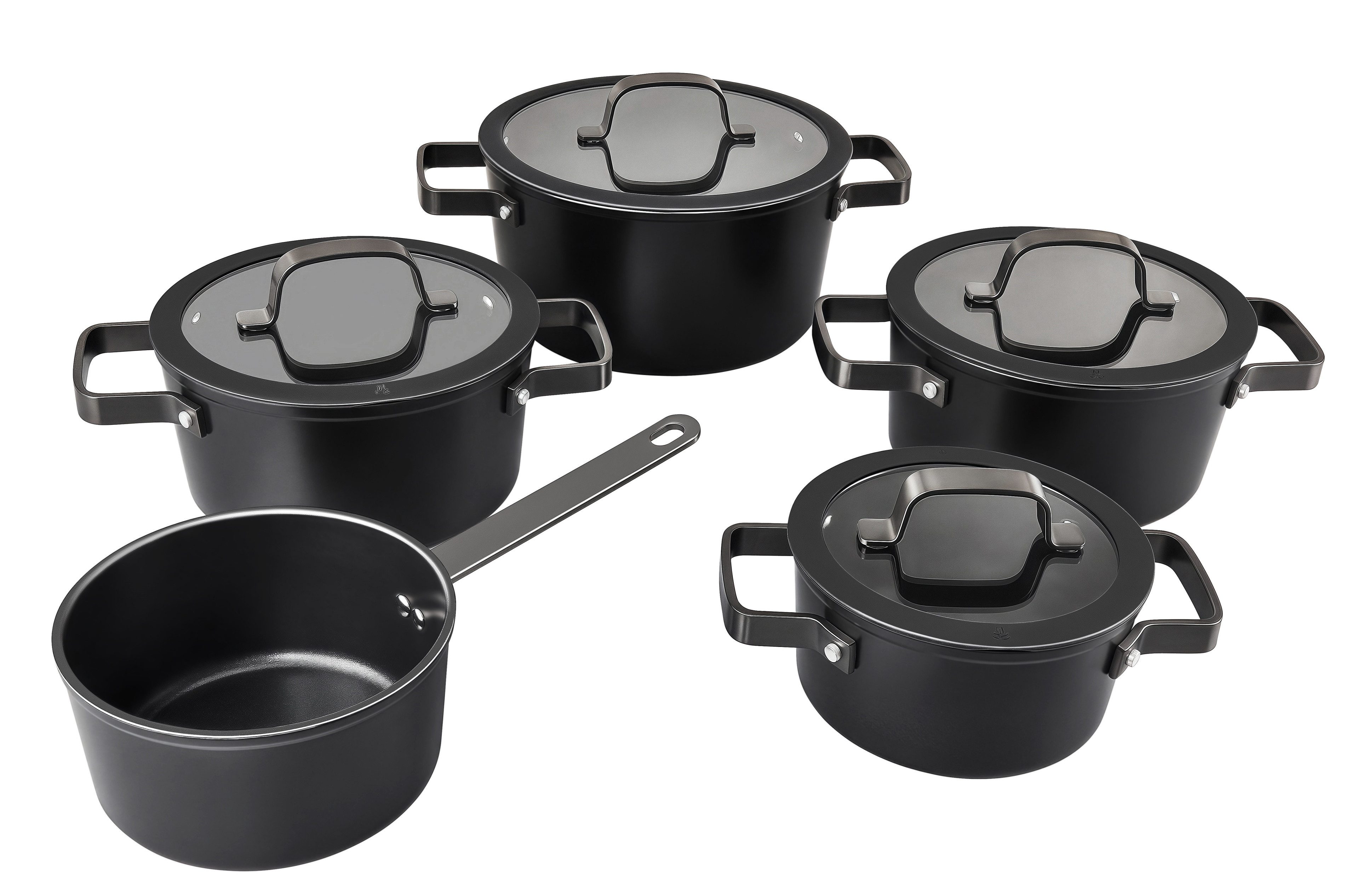 Hanseatic Topf-Set ALU PRO, Aluminium (Set, 9-tlg., Fleischtopf 1x 16 cm / 2x 20 cm / 1x 24 cm, Stielkasserolle 16 cm), mit Griffe aus Edelstahl, Glasdeckel, Induktion