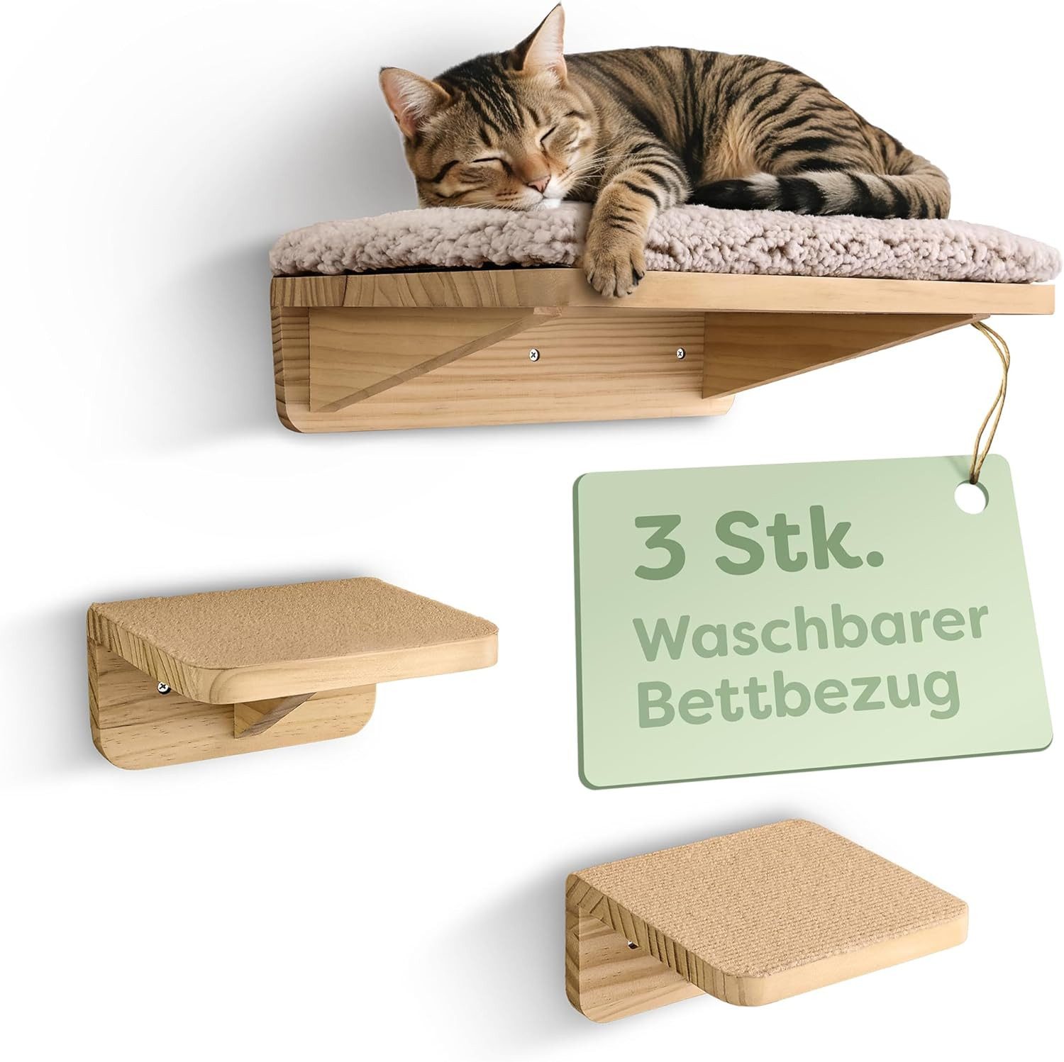 Knupis Kratzbaum Katzen Kletterwand Set mit Katzenbett & 2X Katzentreppe - Kiefernholz, Stabile Wandliege bis 30 kg – Für Spielspaß & Gemütlichkeit - FSC®