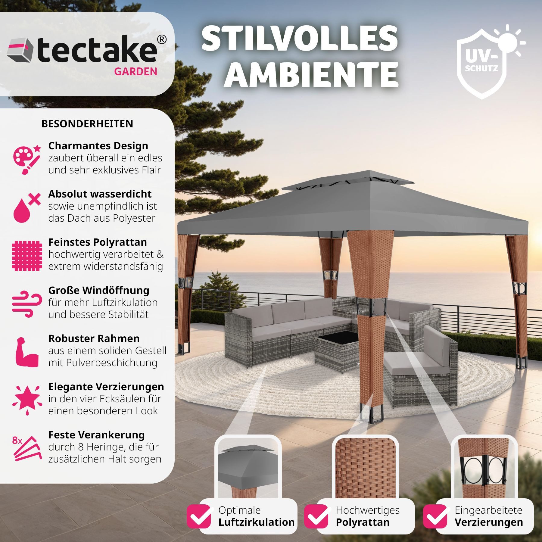 tectake Pavillon Rattan Gartenpavillon, mit 0 günstig online kaufen