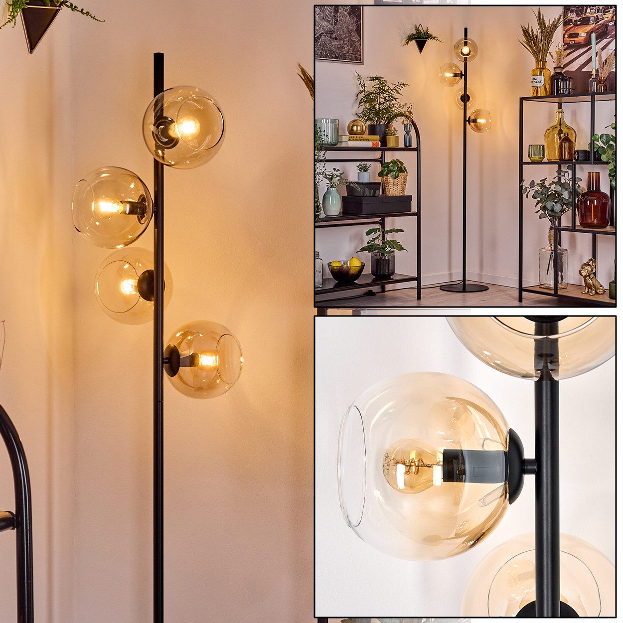 Stehlampe Stehlampe aus Metall/Glas in Schwarz/Bernstein/Klar, Retro-Design