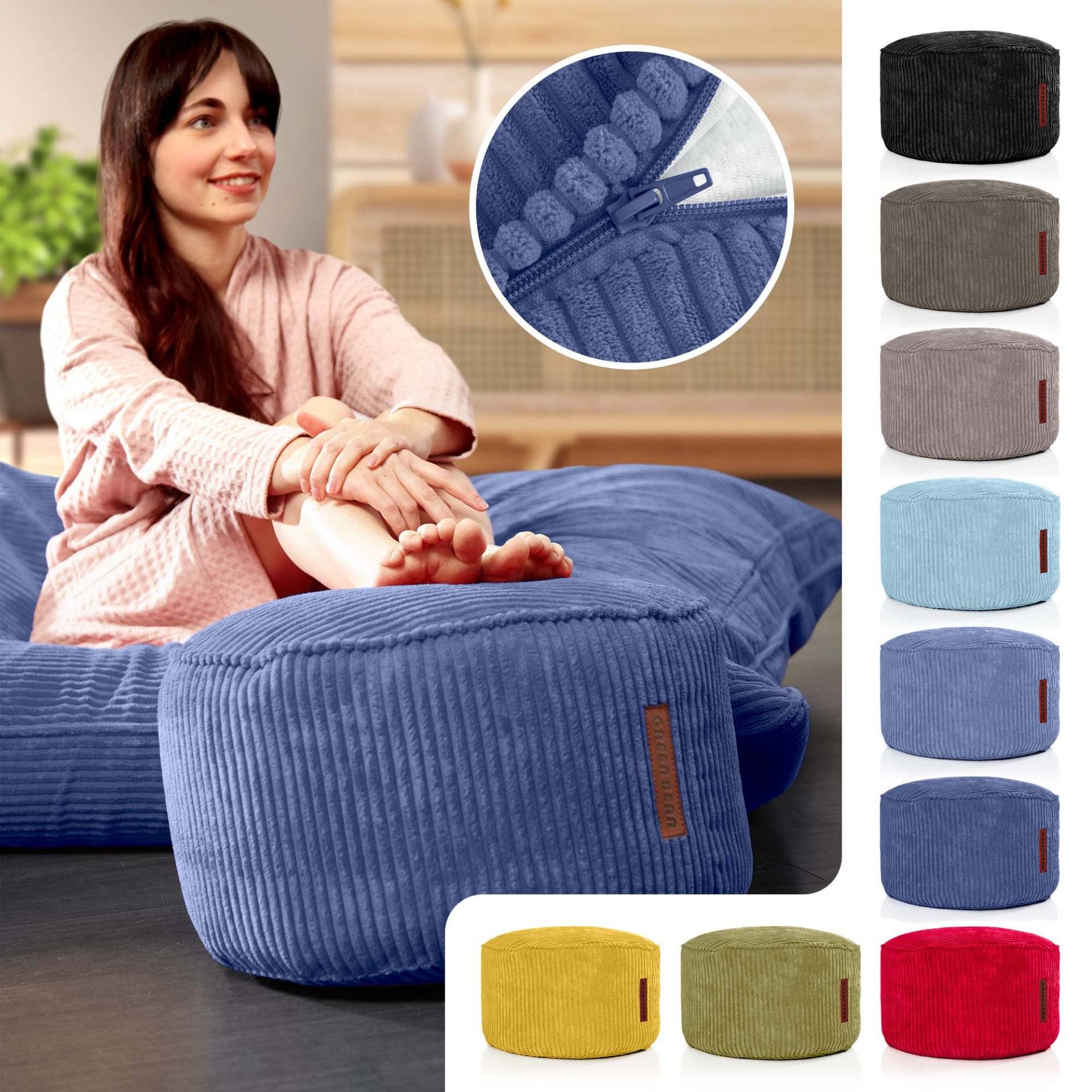 Green Bean Pouf Sitzsack-Hocker Pouf Cord 45x25cm (Indoor Sitzhocker Sitzkissen Fußhocker Relax-Sessel, Made in Germany), die ideale Ergänzung zum Sitzsack – Bild 5 von 5