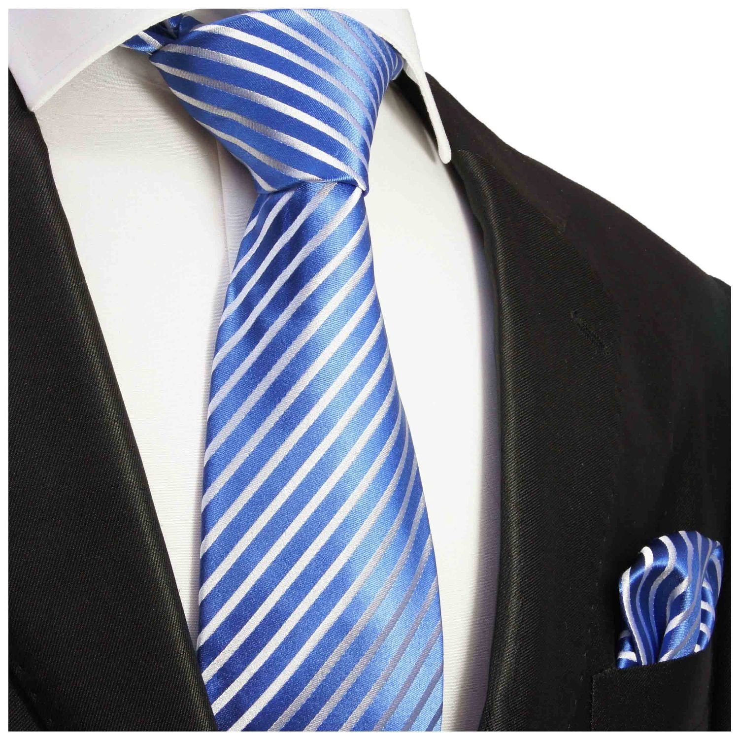Paul Malone Krawatte Herren Seidenkrawatte und Tuch gestreift 100% Seide (Set, 2-St., Krawatte mit Einstecktuch) Breit (8cm), blau 923