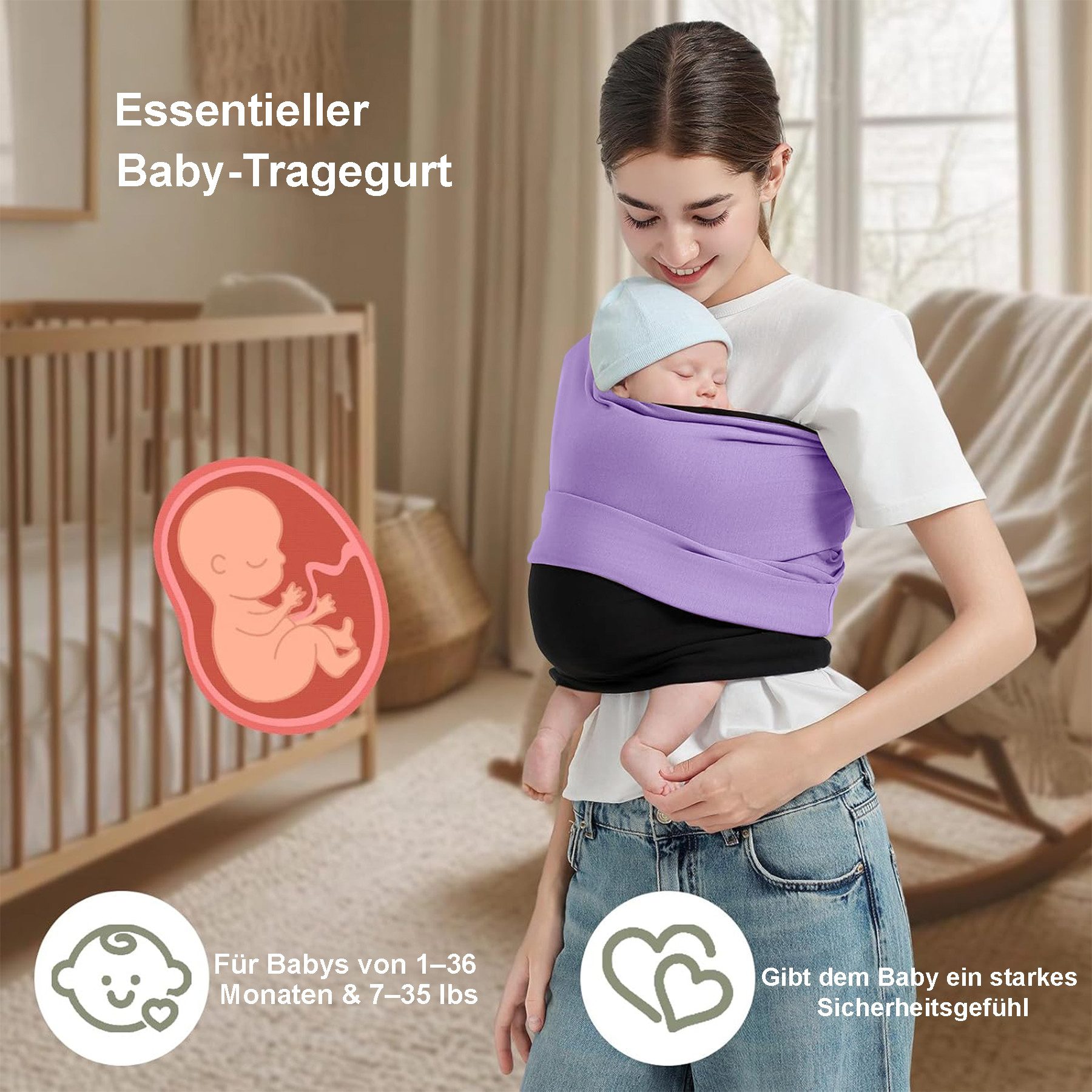 Mutig Babytrage Koala Babytrage elastisch ohne Knoten für Neugeborene & Eltern-S/M/L (Belastbar bis zu 16 kg / 50 lbs, passend ab Geburt bis etwa 3 Jahre, Entlastung für Rücken & Schultern,mehr Komfort für Mama & Pap), freihändiges Tragen beim Kochen, Einkaufen oder Spazierengehen
