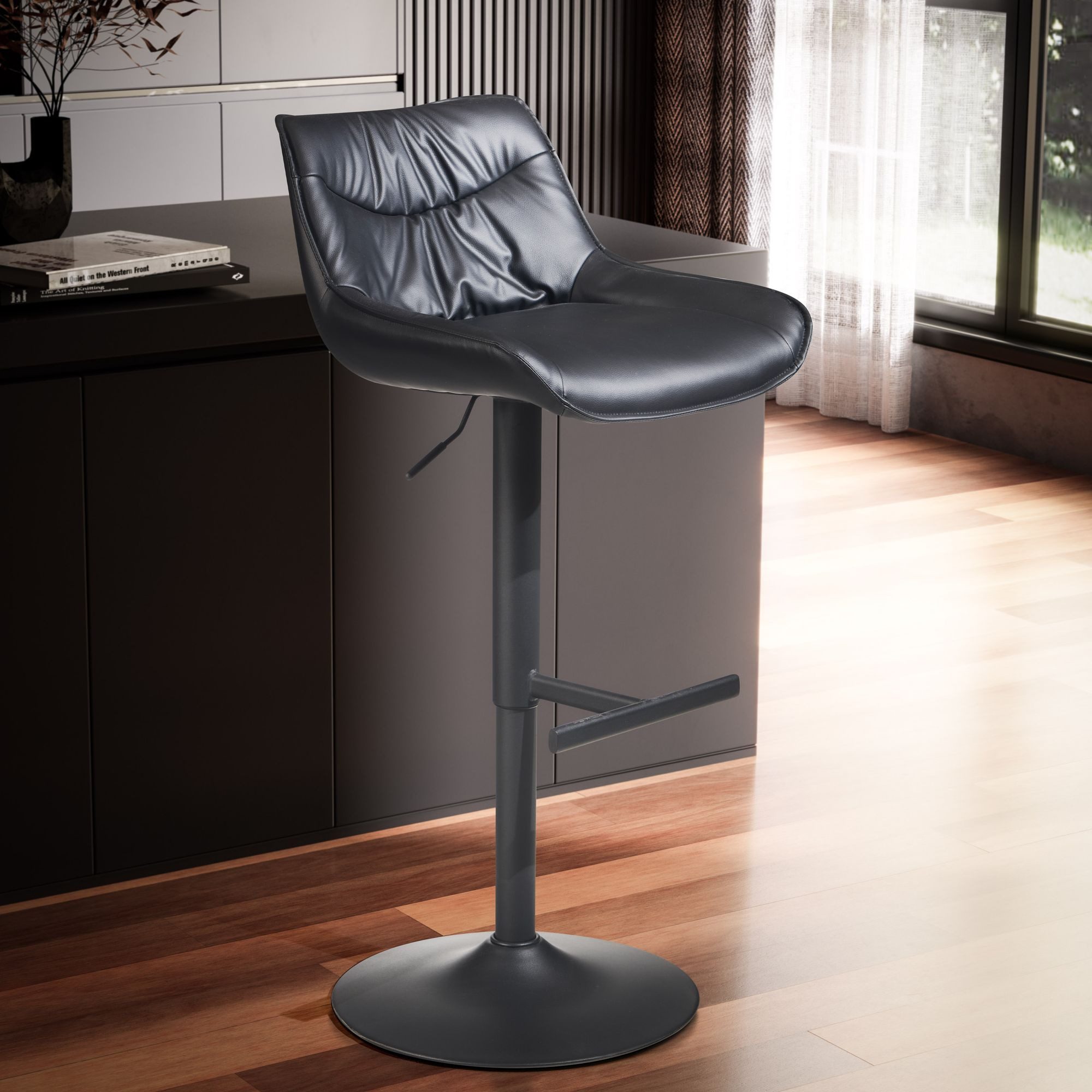 FINEBUY Barhocker FB99329 Küchenhocker Kunstleder Schwarz Hocker Bistrohocker Barstuhl (Kunstleder Schwarz Hocker mit Lehne 86 - 106 cm), Barstuhl, Küchenhocker Höhenverstellbar 100 kg