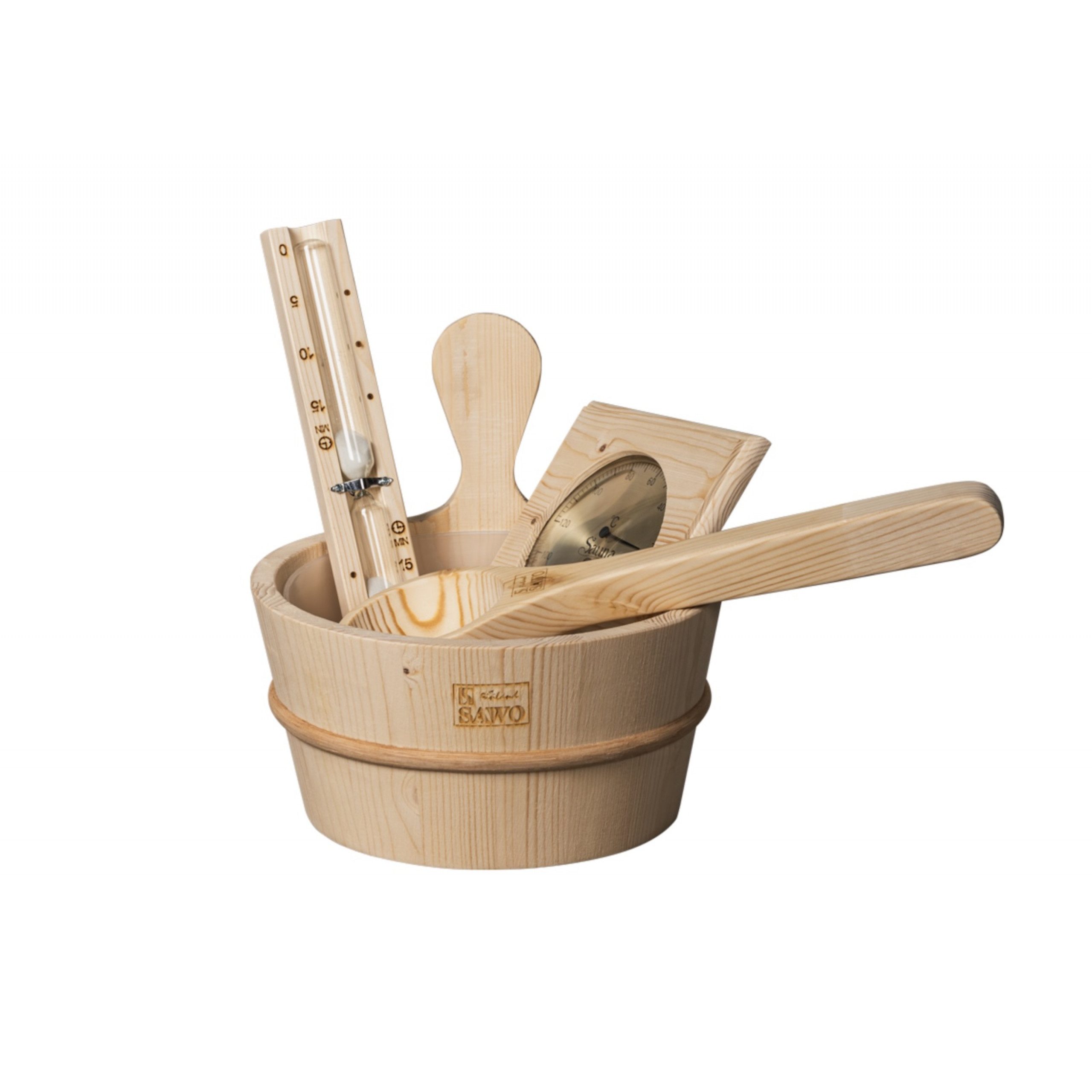SAWO Aufgusskübel SAWO Saunazubehör-Set 5-teilig Saunazubehörset Kübel Kelle Sanduhr